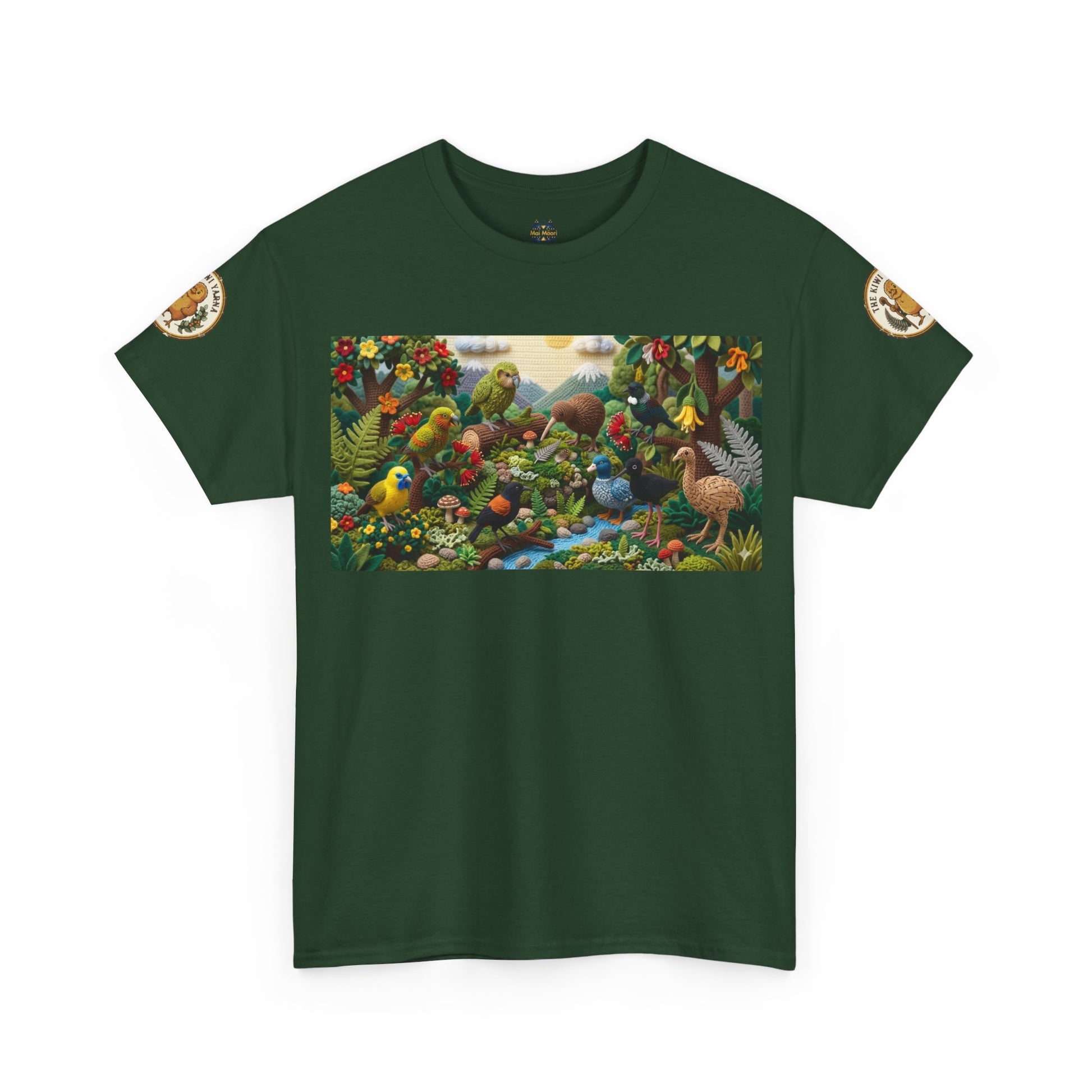 Dark green crewneck T-shirt with wildlife bird graphic and circular sleeve logo patches