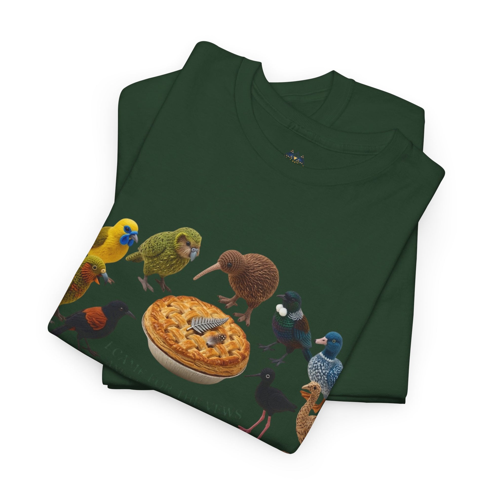 Dark green T-shirt folded with birds and pie graphic, crew neck view