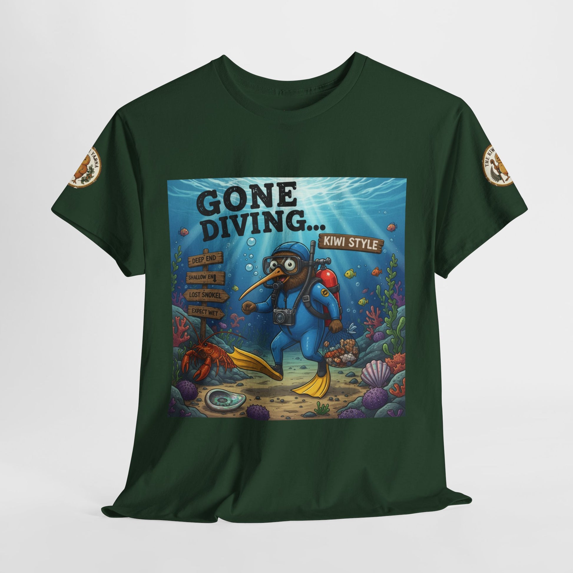 Dark green T-shirt with ocean diver graphic print and gold logo sleeve patch