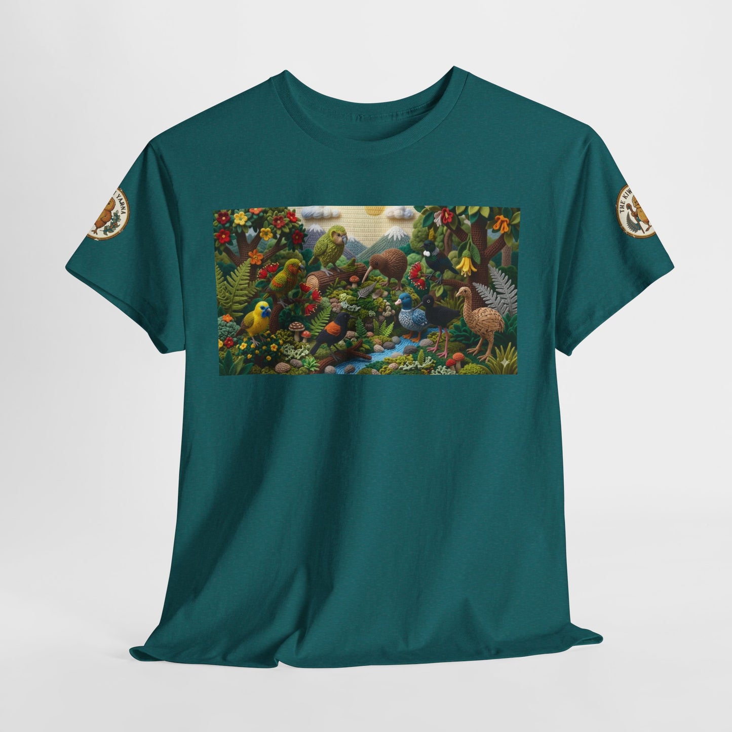 Teal crew-neck T-shirt with front rectangular bird scene print and sleeve emblems