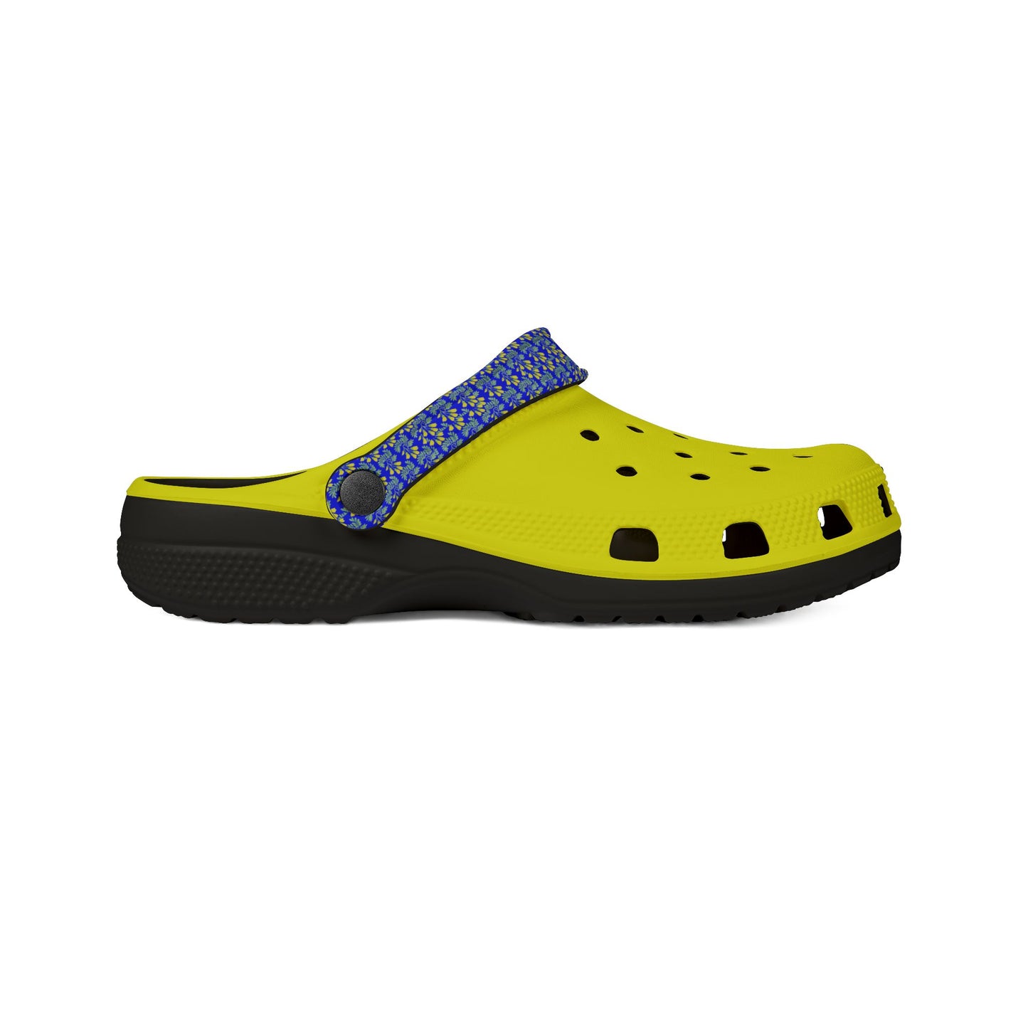 Neon yellow slip-on clog with blue textured strap and ventilation holes.