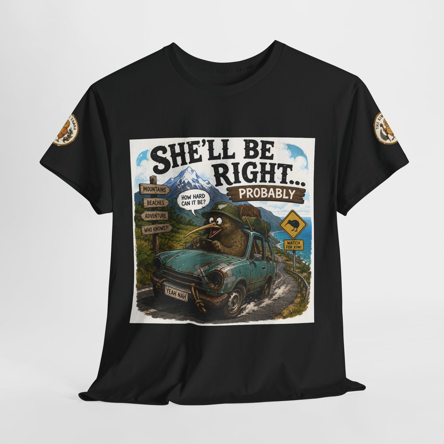 Black graphic T-shirt with centered chest text and outdoor vehicle illustration