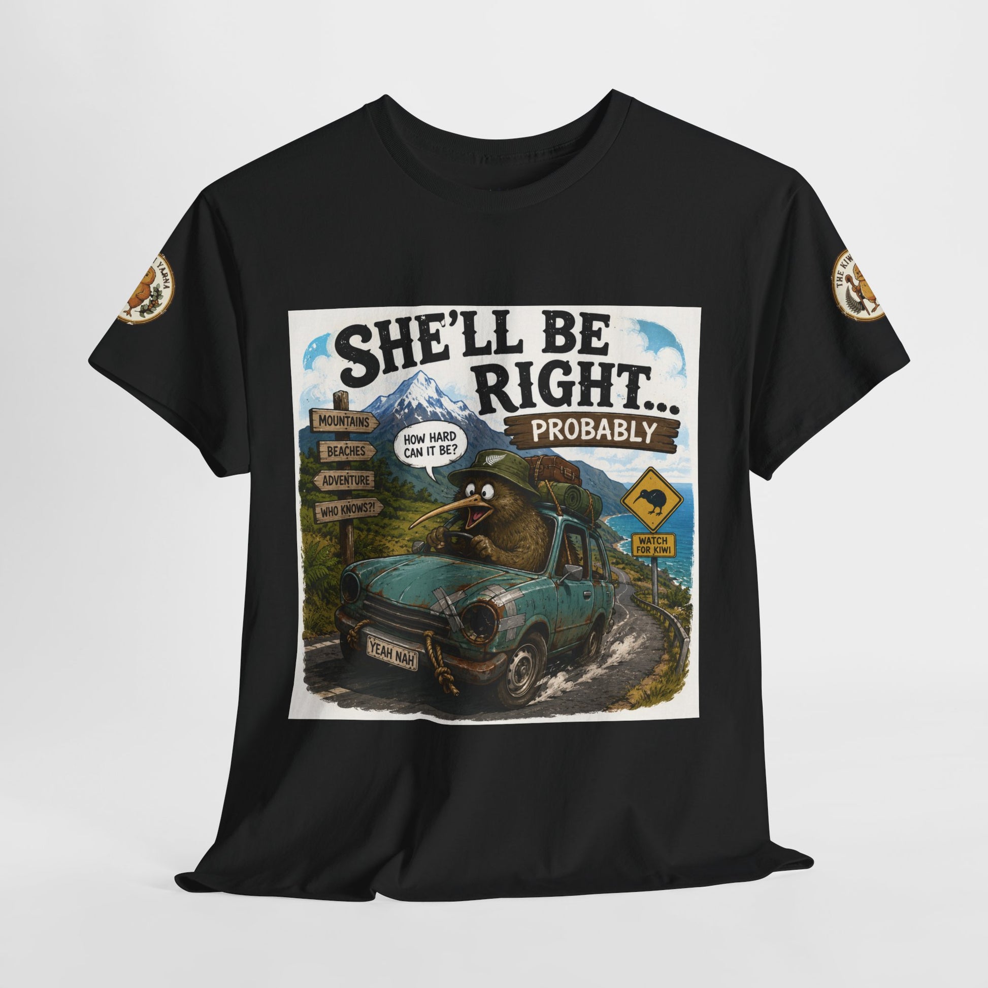 Black graphic T-shirt with centered chest text and outdoor vehicle illustration
