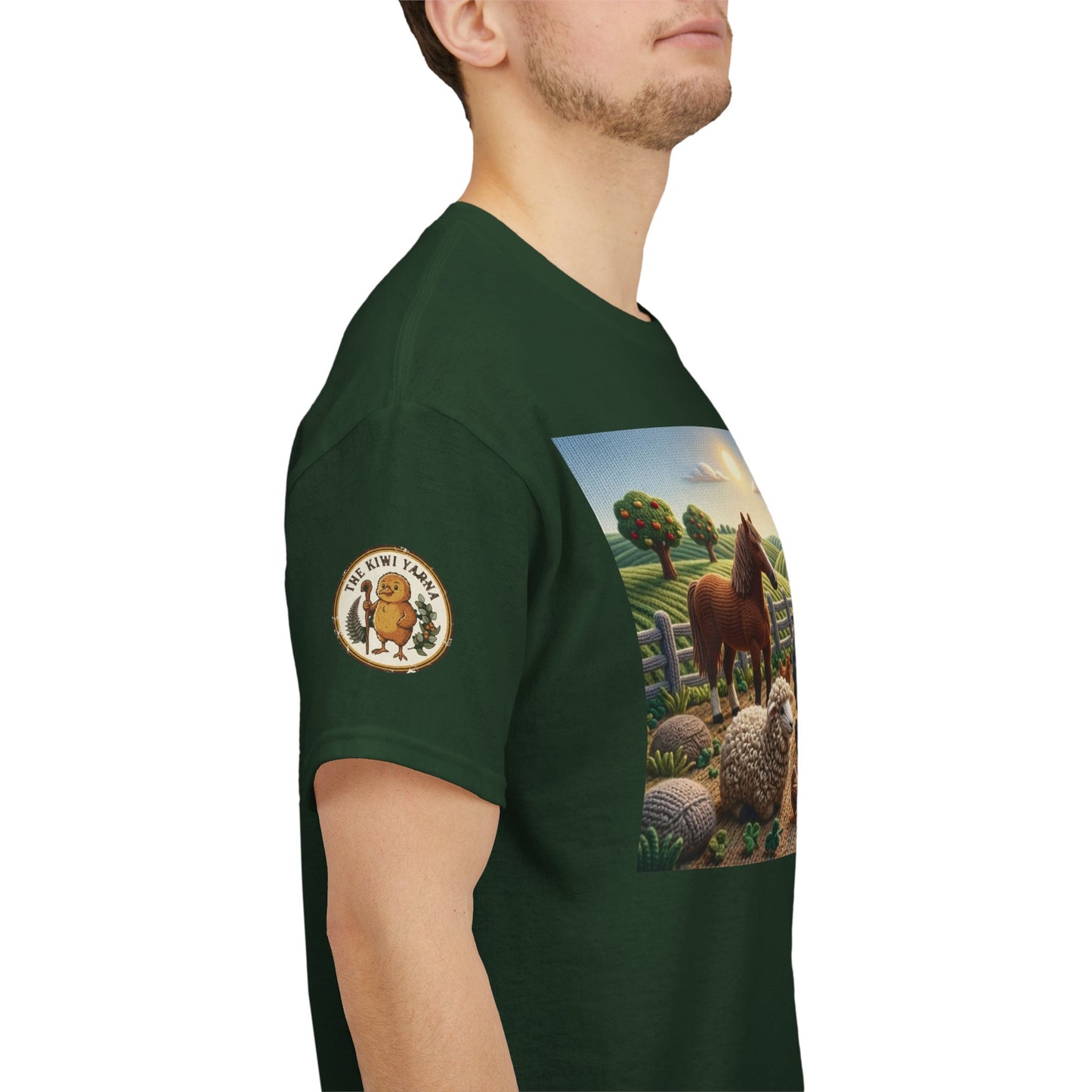 Forest green crewneck T-shirt with sleeve logo patch and partial farm graphic on model