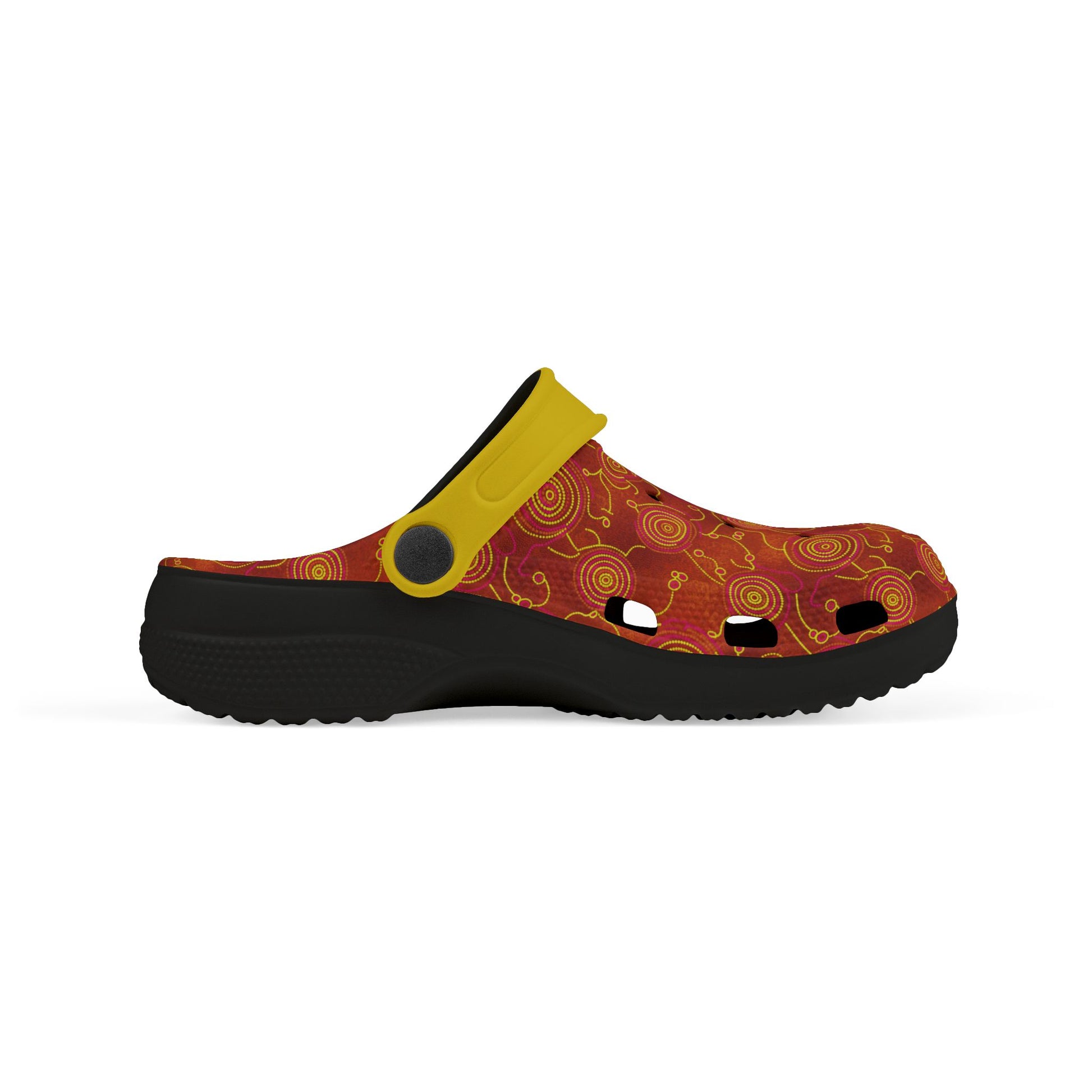 Aboriginal art casual clog shoe with red patterned upper, yellow strap, black outsole