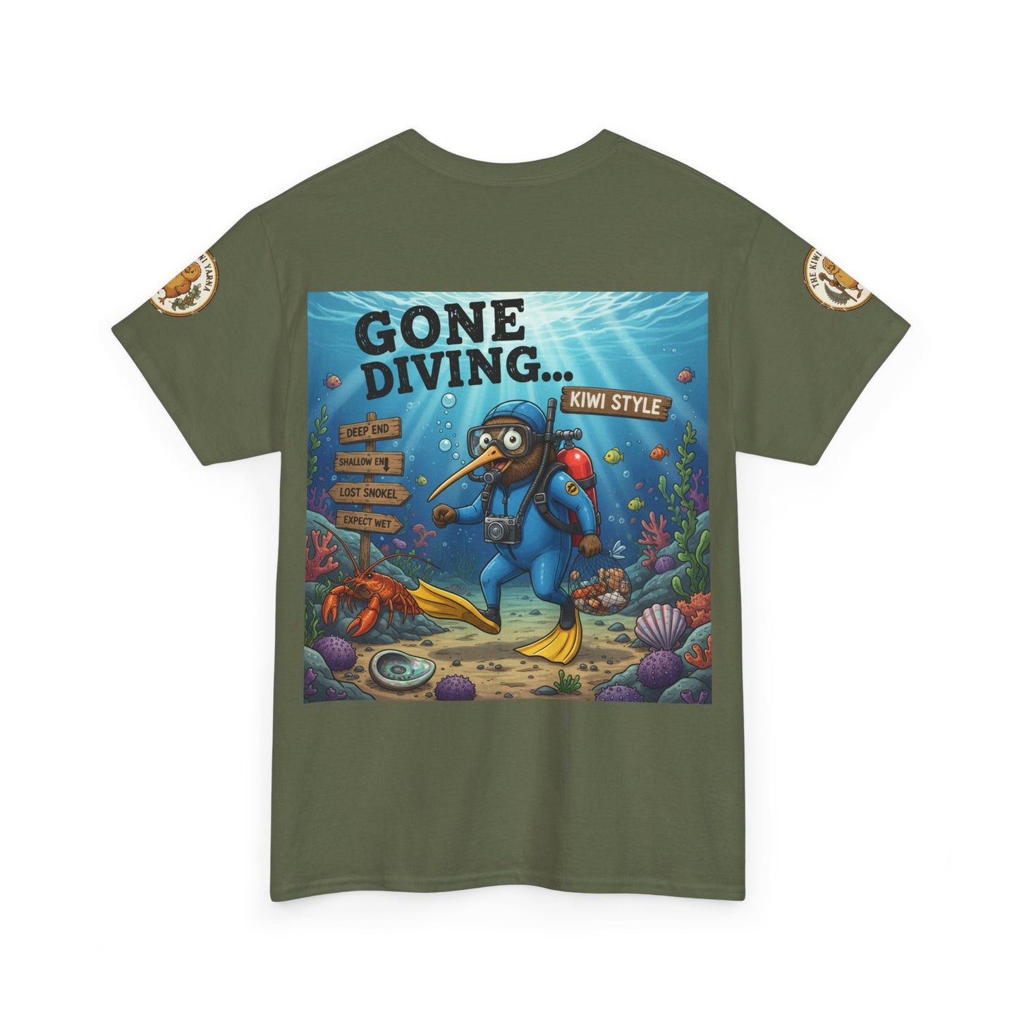 Olive green graphic t-shirt with 'GONE DIVING...' underwater diver square
