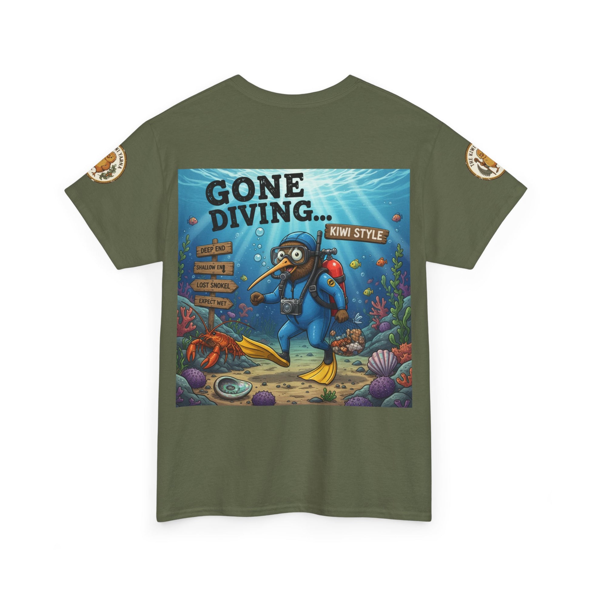 Olive green graphic t-shirt with 'GONE DIVING...' underwater diver square