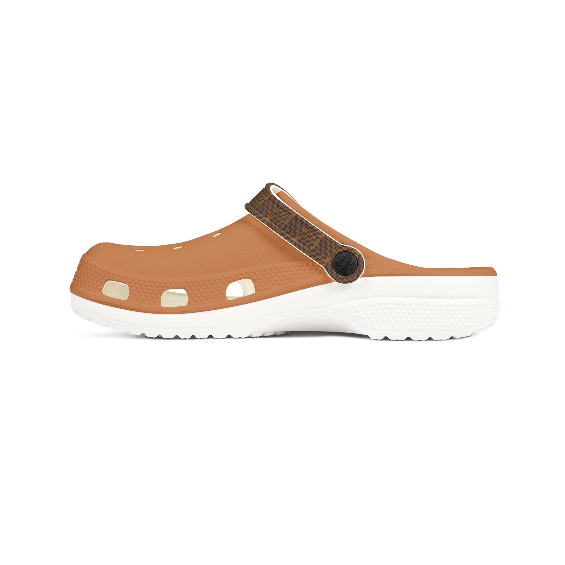 Slip-on clog with tan perforated upper, tan strap, and white vented foam sole