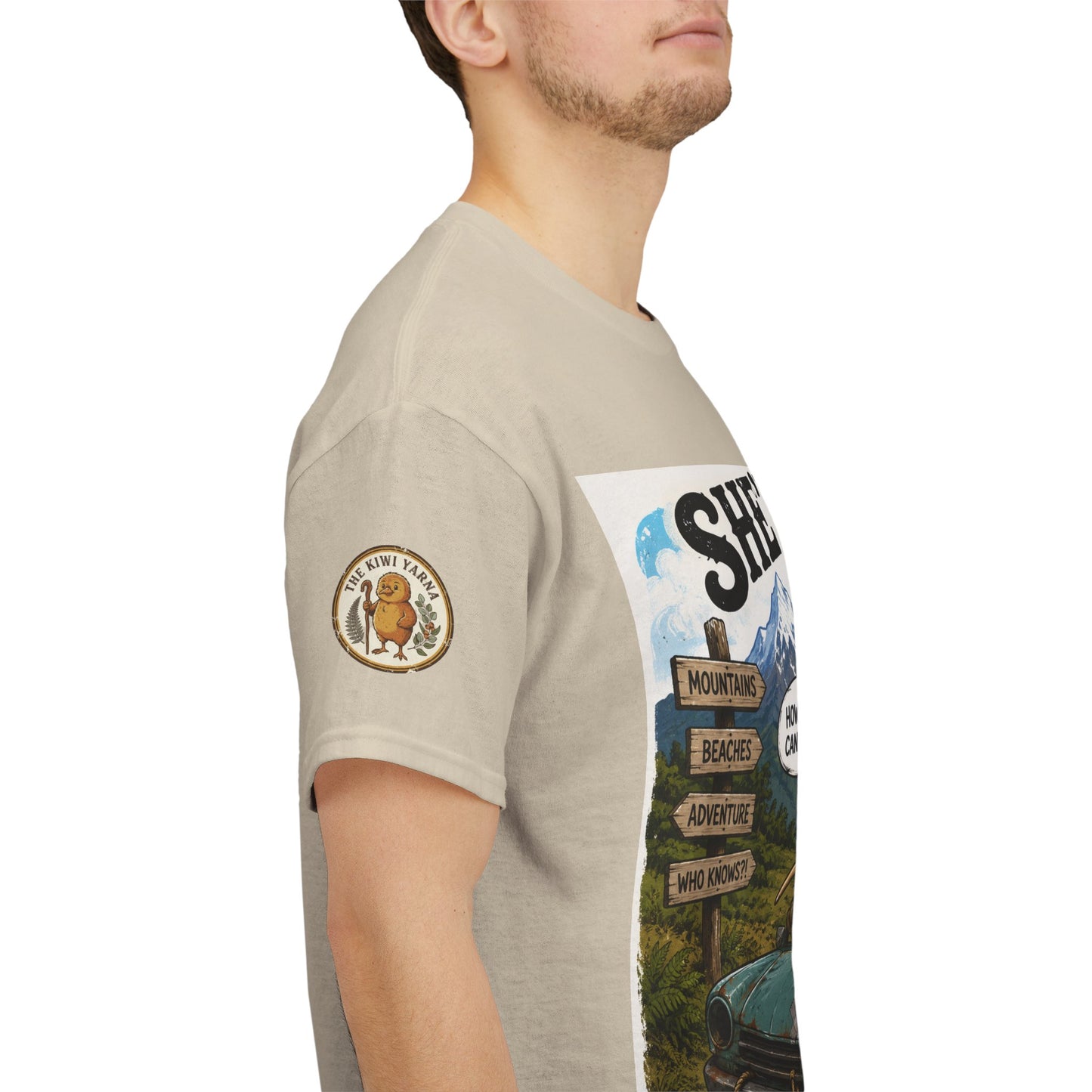 Cream T-shirt with sleeve patch and side view of front car graphic
