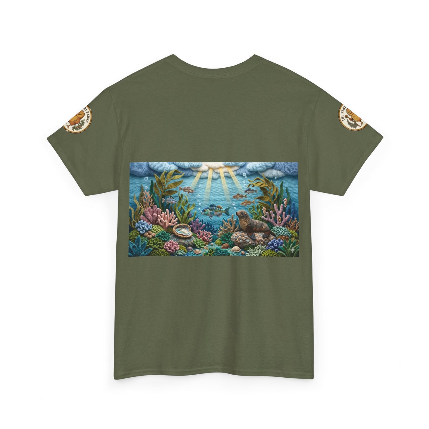Olive green crew-neck T-shirt with undersea scene rectangle graphic and sleeve patches