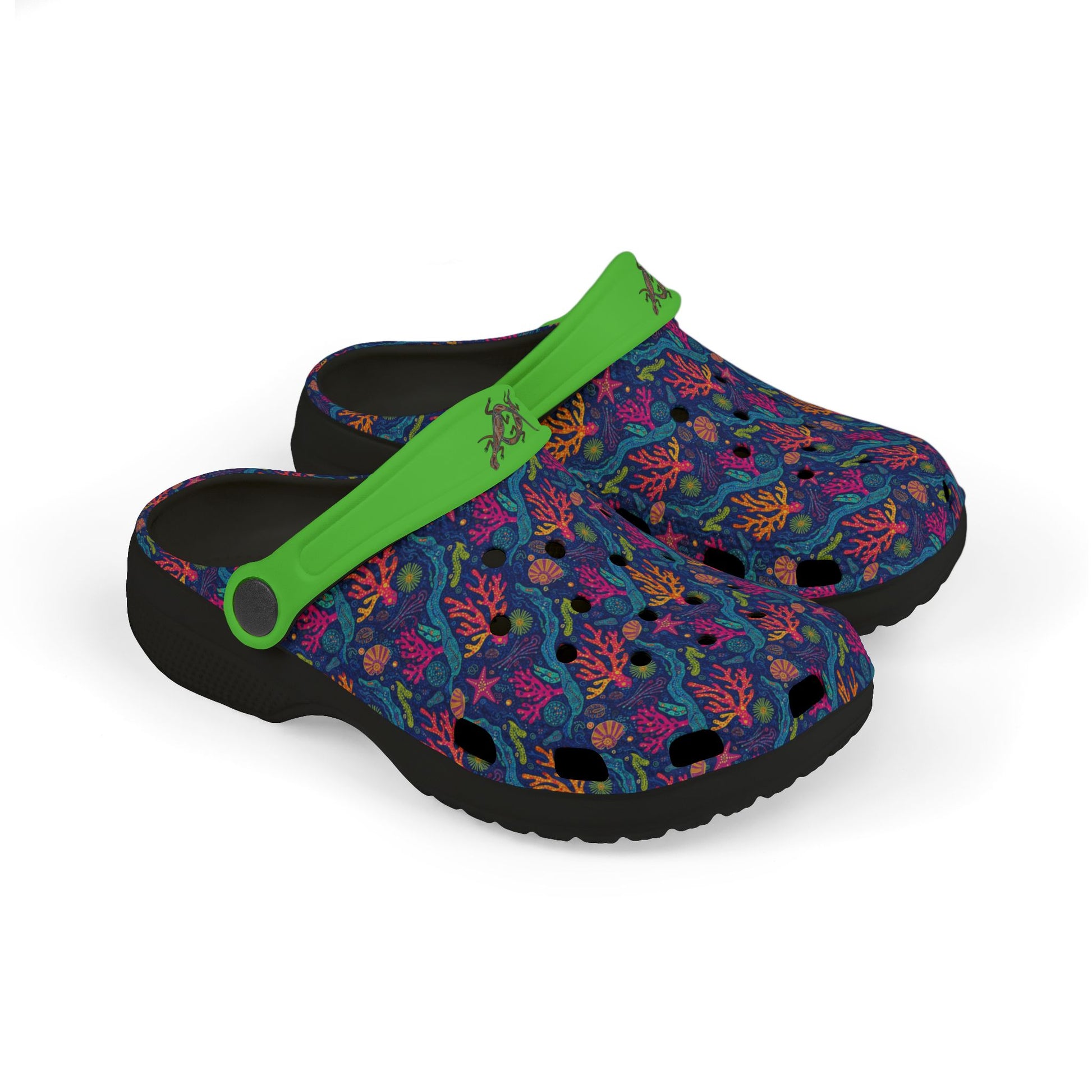 Casual slip-on clogs with colorful coral print upper, green strap, black outsole.