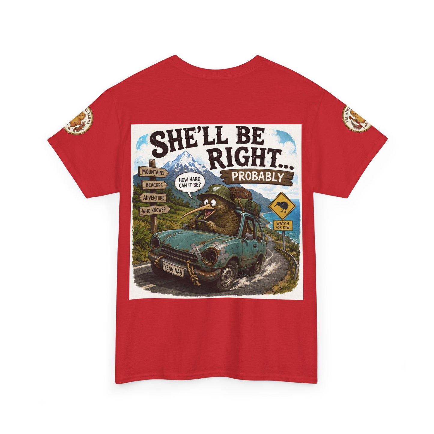 Red graphic T-shirt with large front square print showing a car and quote