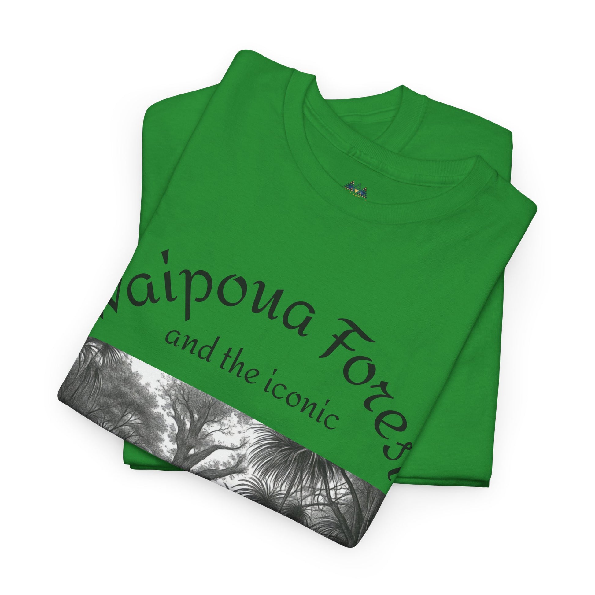 Green graphic T-shirt with forest band print and Waipoua Forest text, folded view