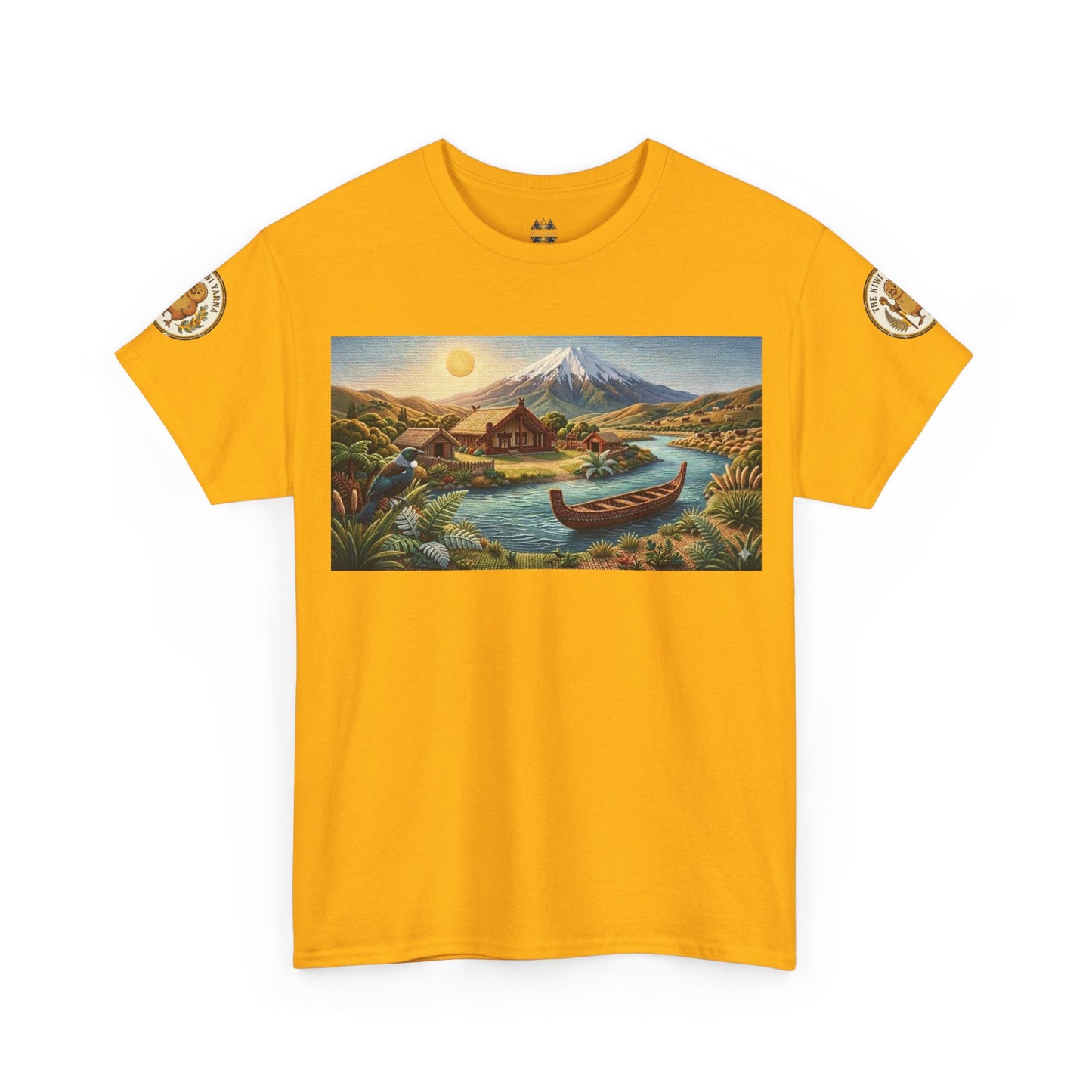 Mustard yellow graphic T-shirt with landscape print and canoe; circular sleeve patches.