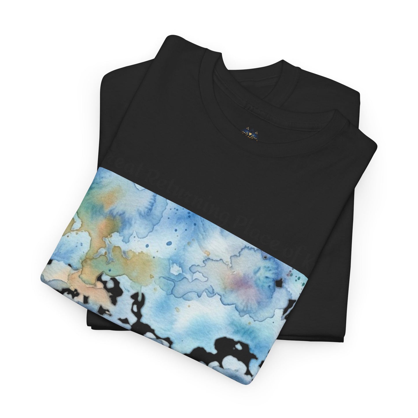 Black crew-neck T-shirt with watercolor coastal print across the front