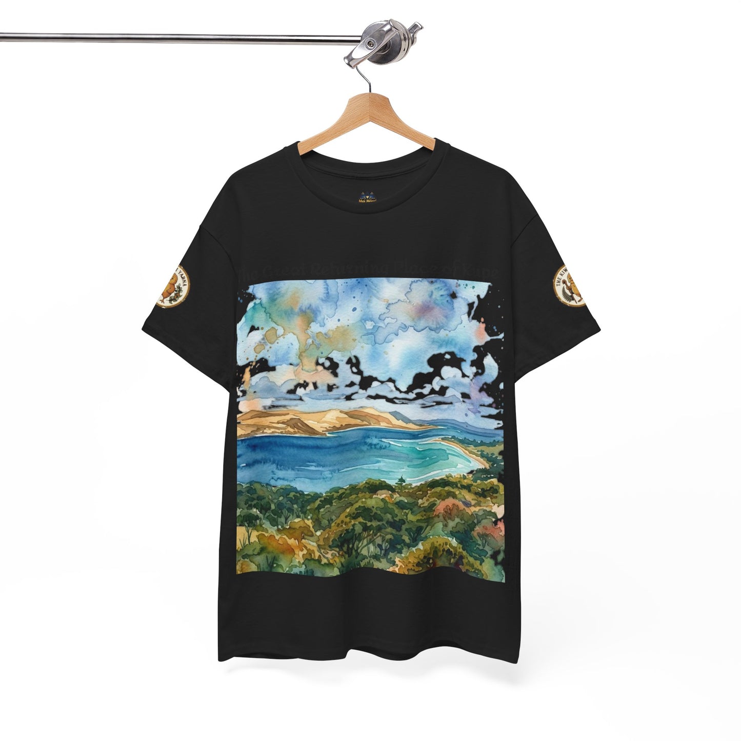 Black graphic T-shirt hanging with watercolor landscape front print and sleeve patches