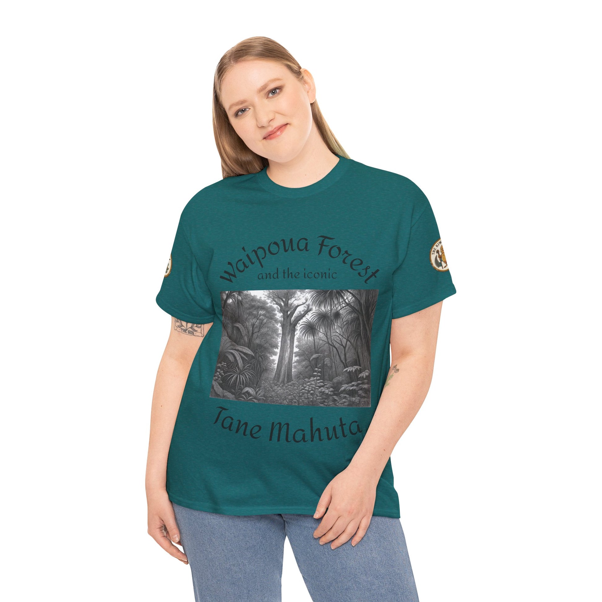 Teal graphic T-shirt with forest photo print and Waipoua Forest/Tane Mahuta text, model