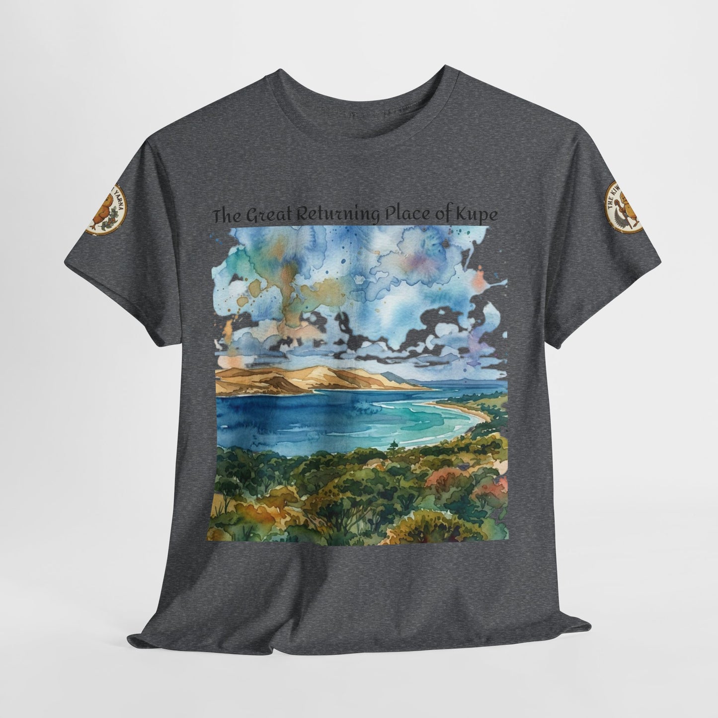 Dark heather crewneck T-shirt with watercolor landscape and sleeve badge patches