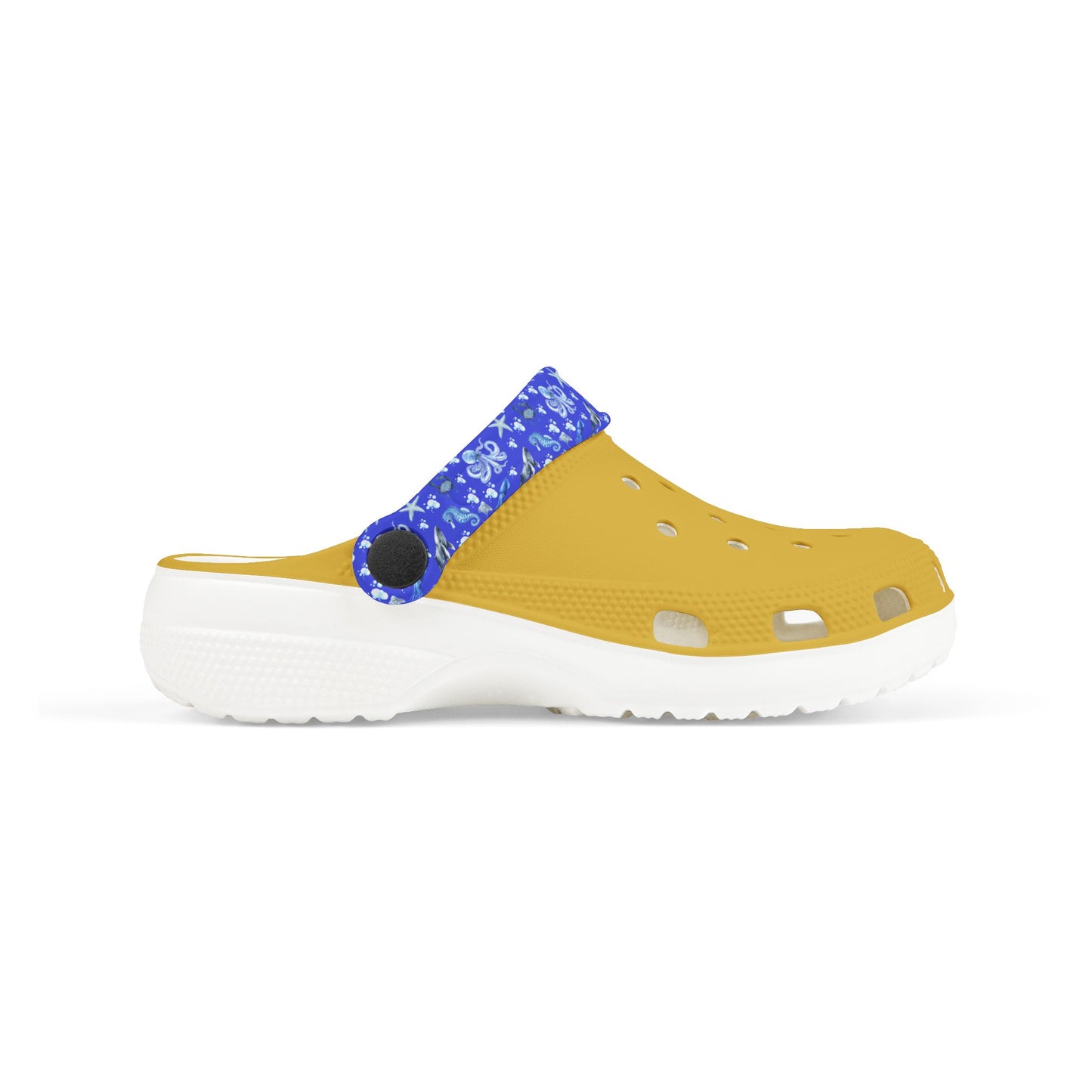 Kids' sea-themed clog shoes with yellow perforated upper, blue print strap, white sole.