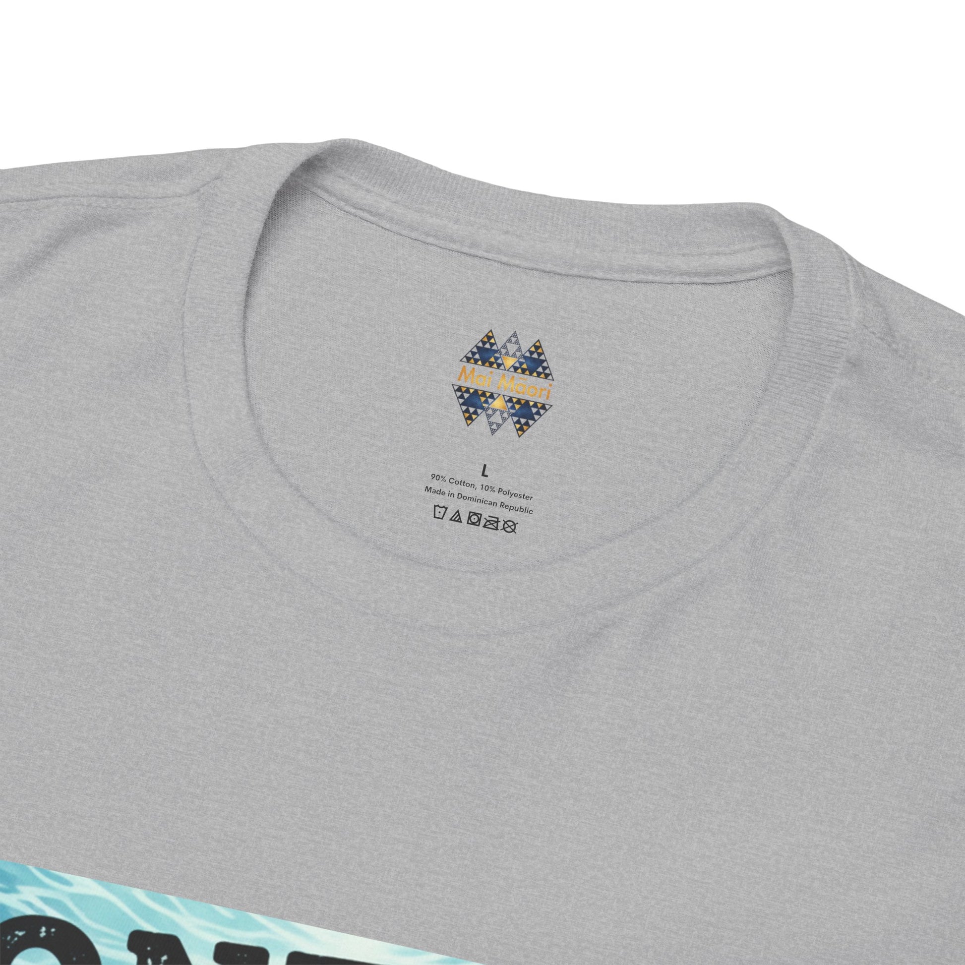 Gray T-shirt collar with small logo at back neck