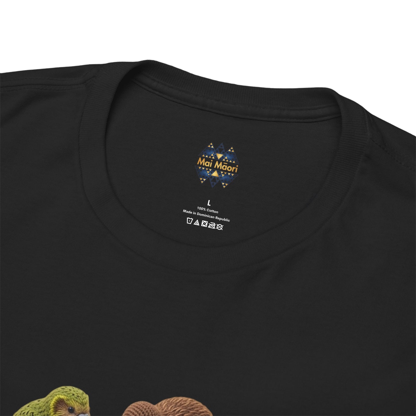 Black t-shirt close-up: crew neck seam and small chest brand logo