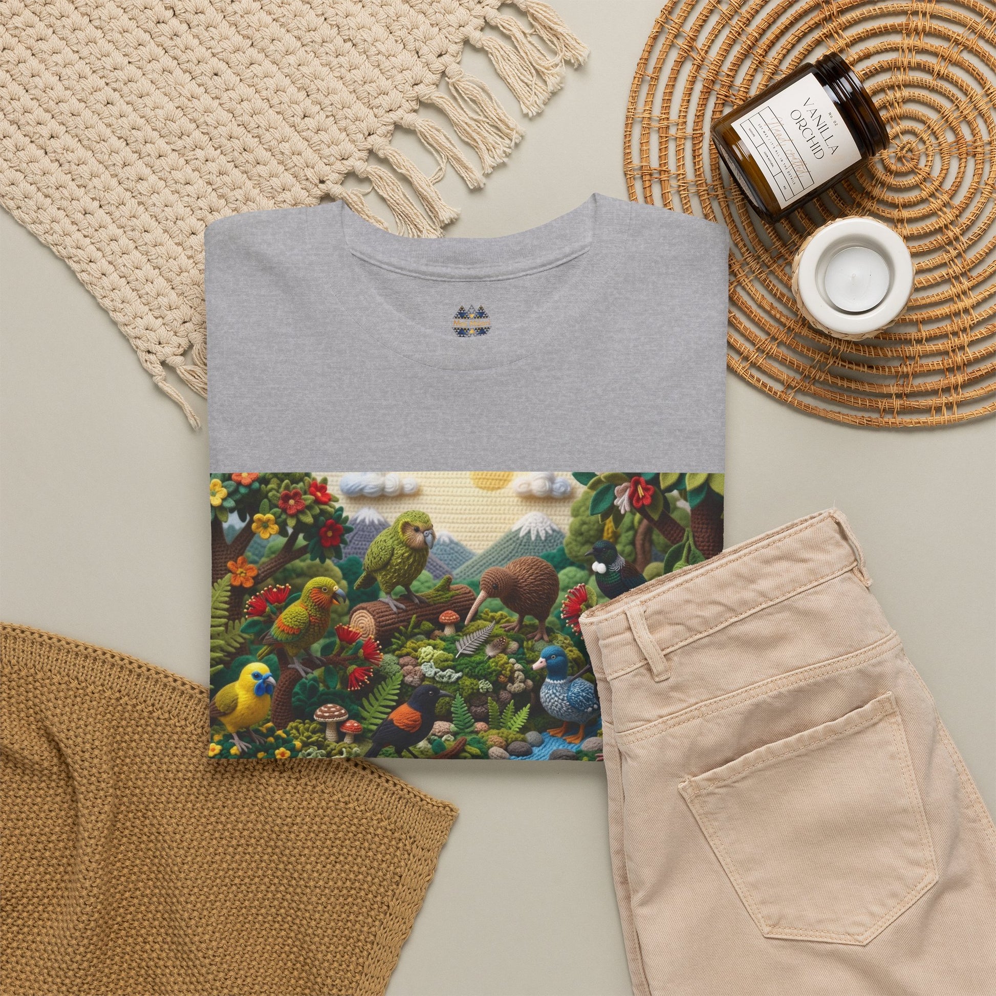 Heather gray crew-neck T-shirt with birds-and-forest graphic panel and small chest logo.