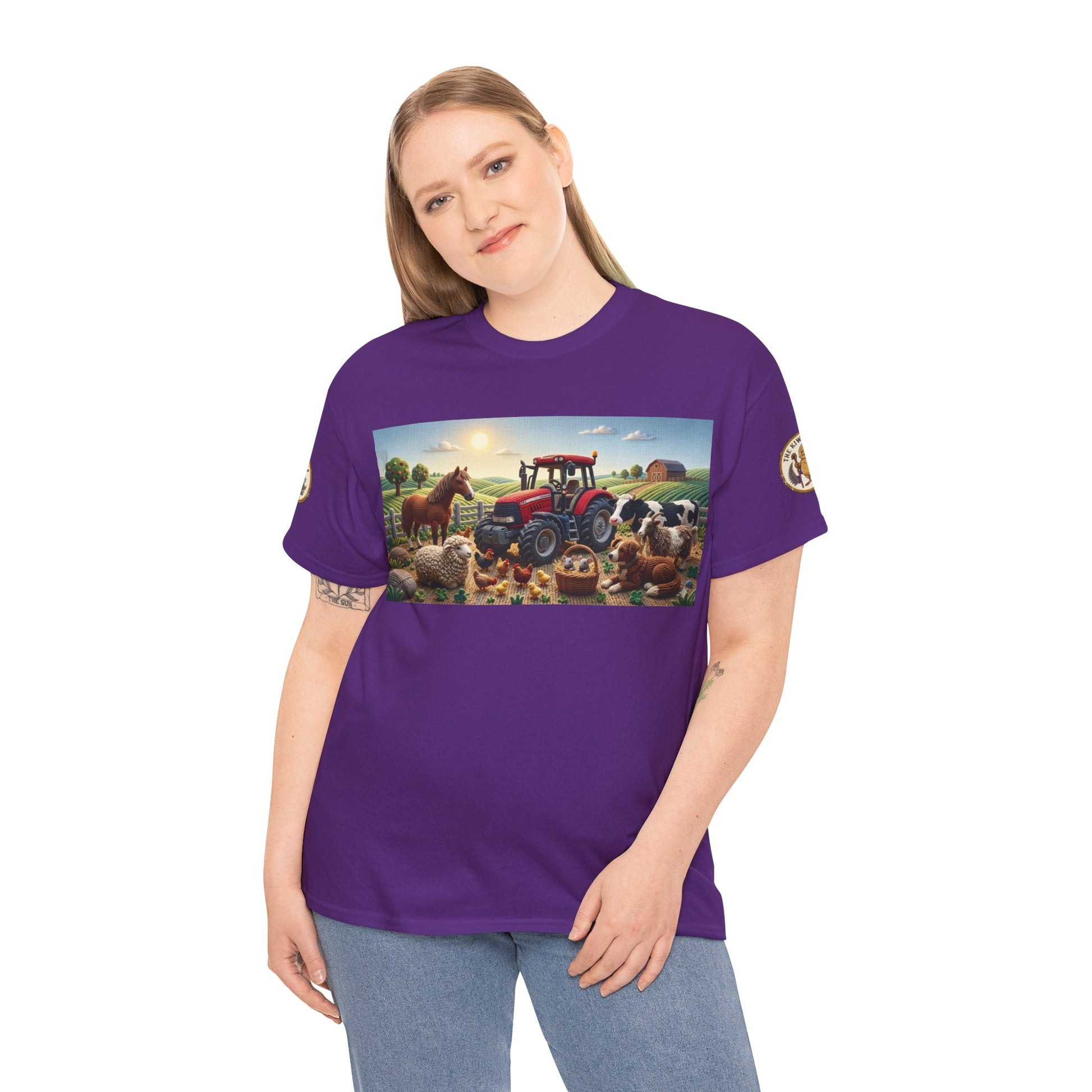 Purple farm graphic T-shirt worn by model; tractor and animals on chest