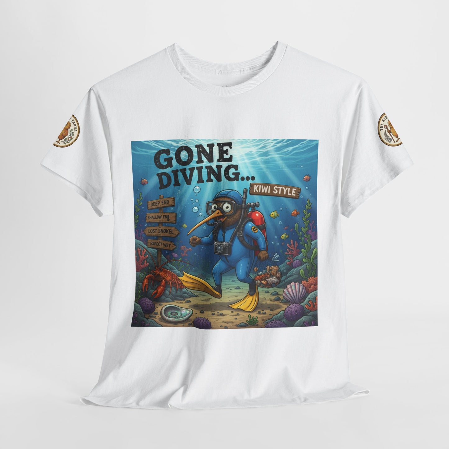 White crewneck t-shirt with centered diving character artwork on front