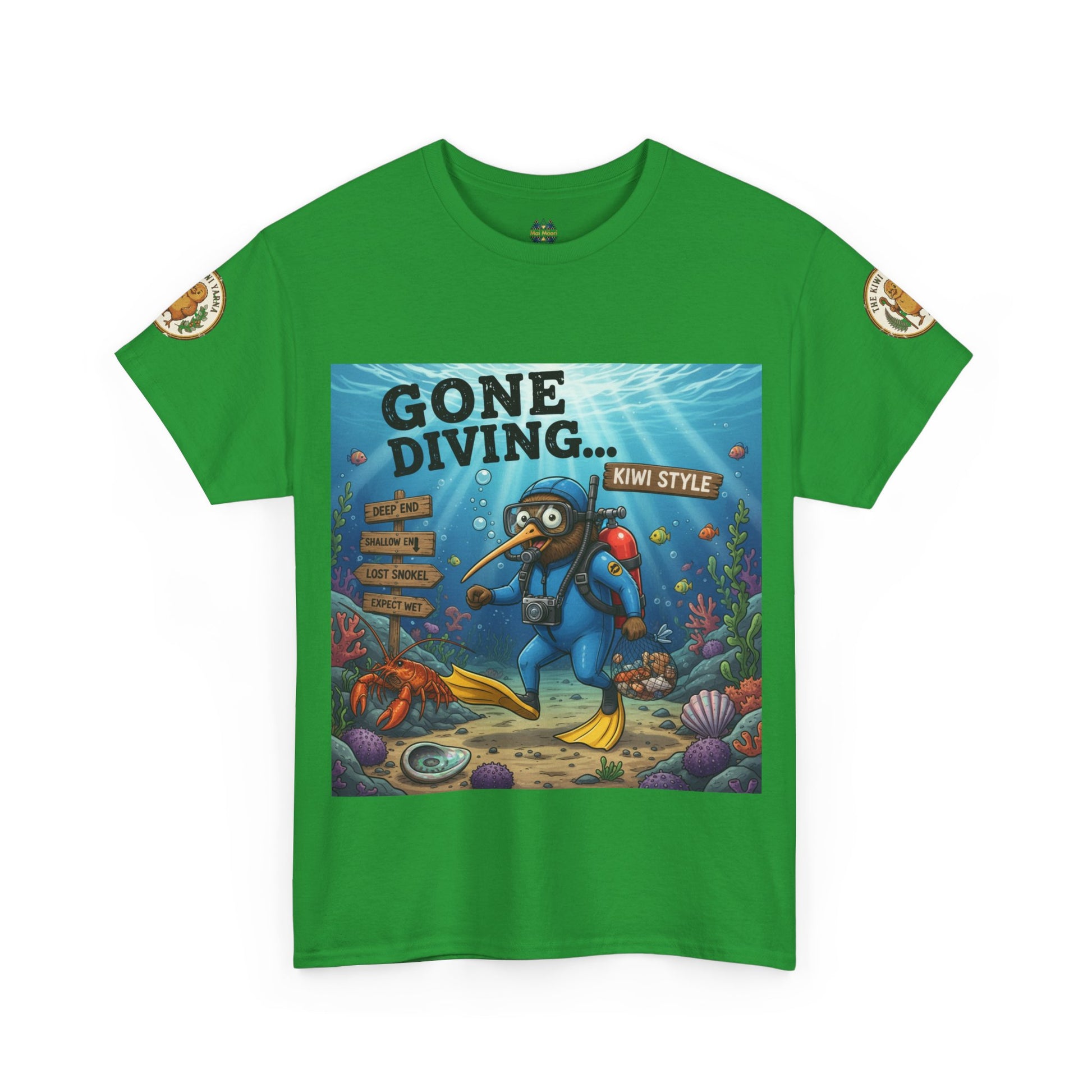 Kids' bright green graphic T-shirt with diver front print and circular sleeve patches.