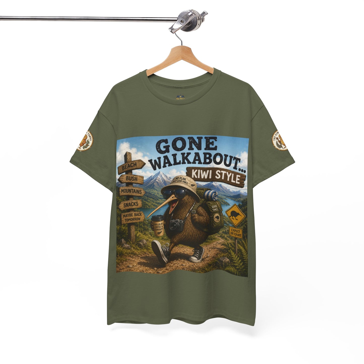 Olive-green graphic T-shirt on hanger, 'Gone Walkabout Kiwi Style' front artwork
