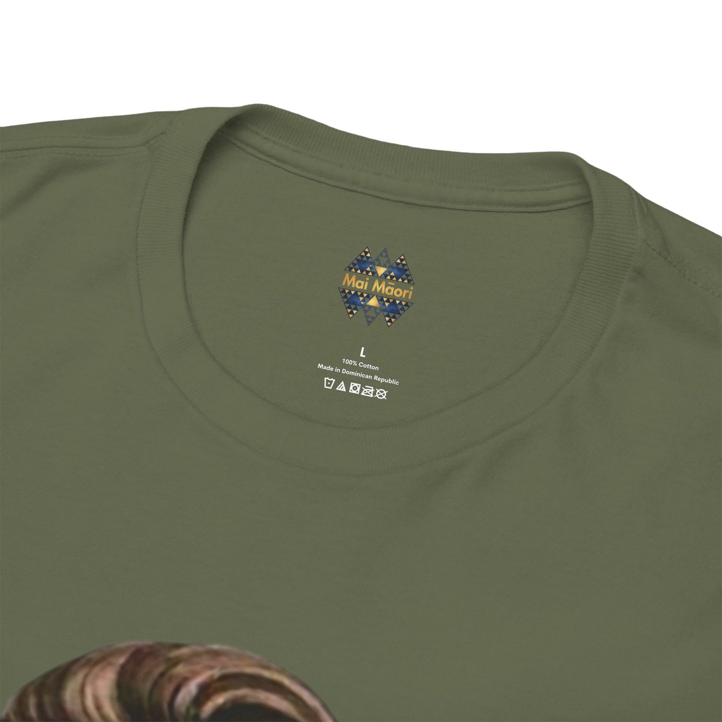 Olive green T-shirt back collar with small Mai Moai logo and size label