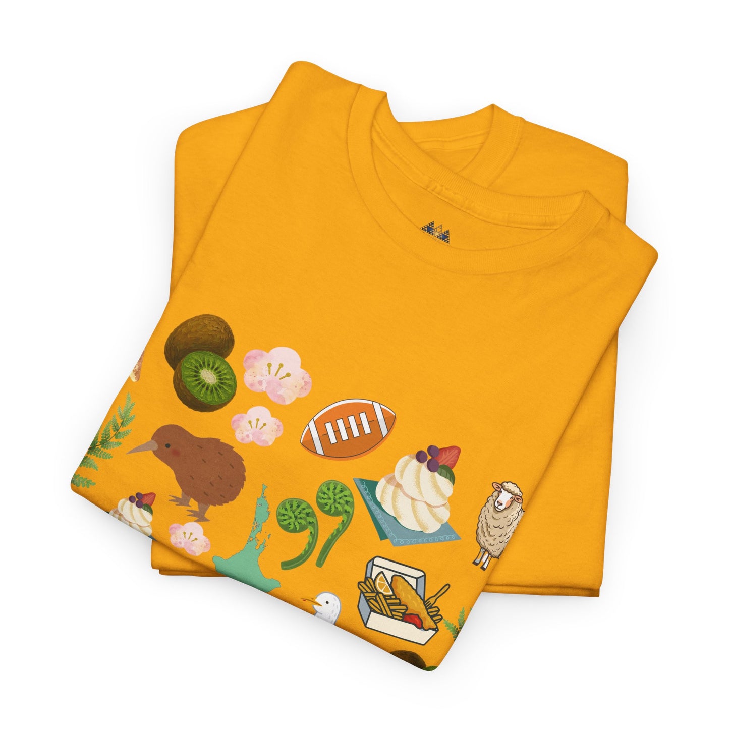 Mustard yellow graphic T-shirt with kiwi, flowers, animals, and fern illustrations
