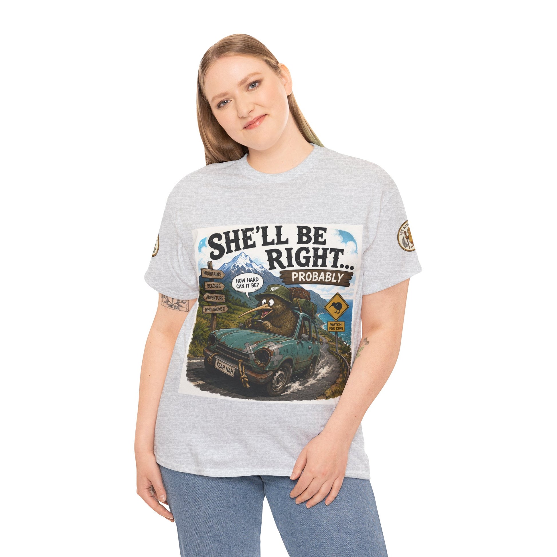 Heather gray graphic T-shirt worn by a model, featuring a front truck scene print.