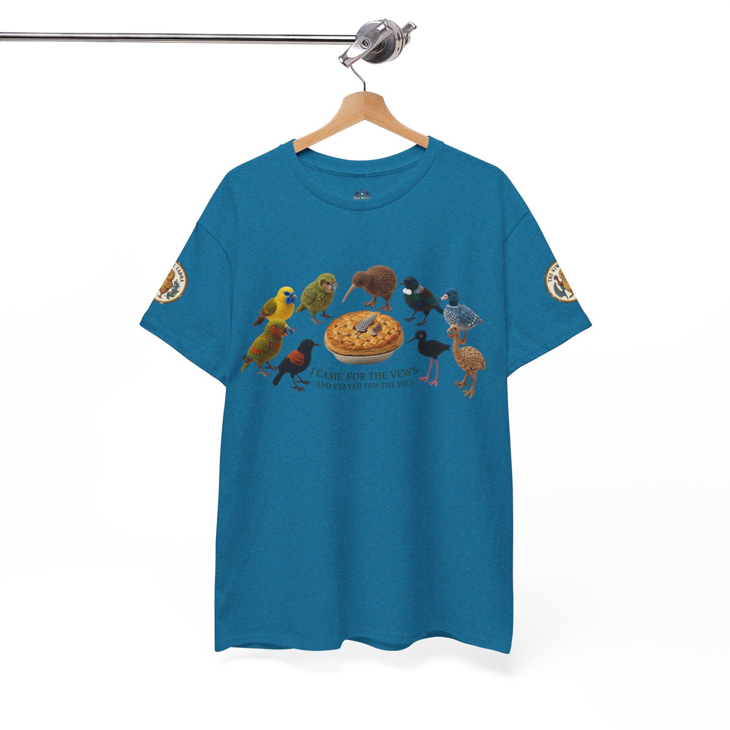 Teal short-sleeve T-shirt on hanger with colorful bird and pizza front graphic