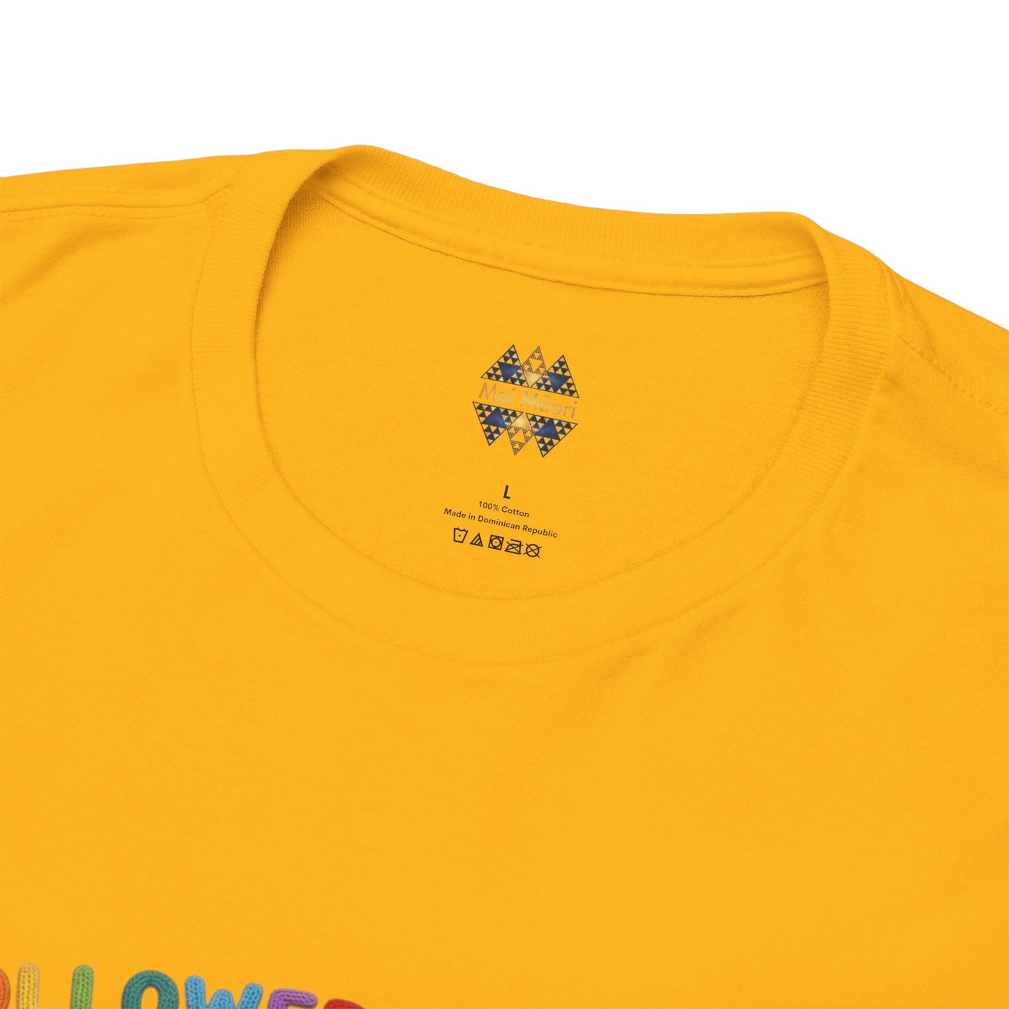 Mustard yellow T-shirt neckline with small chest logo print