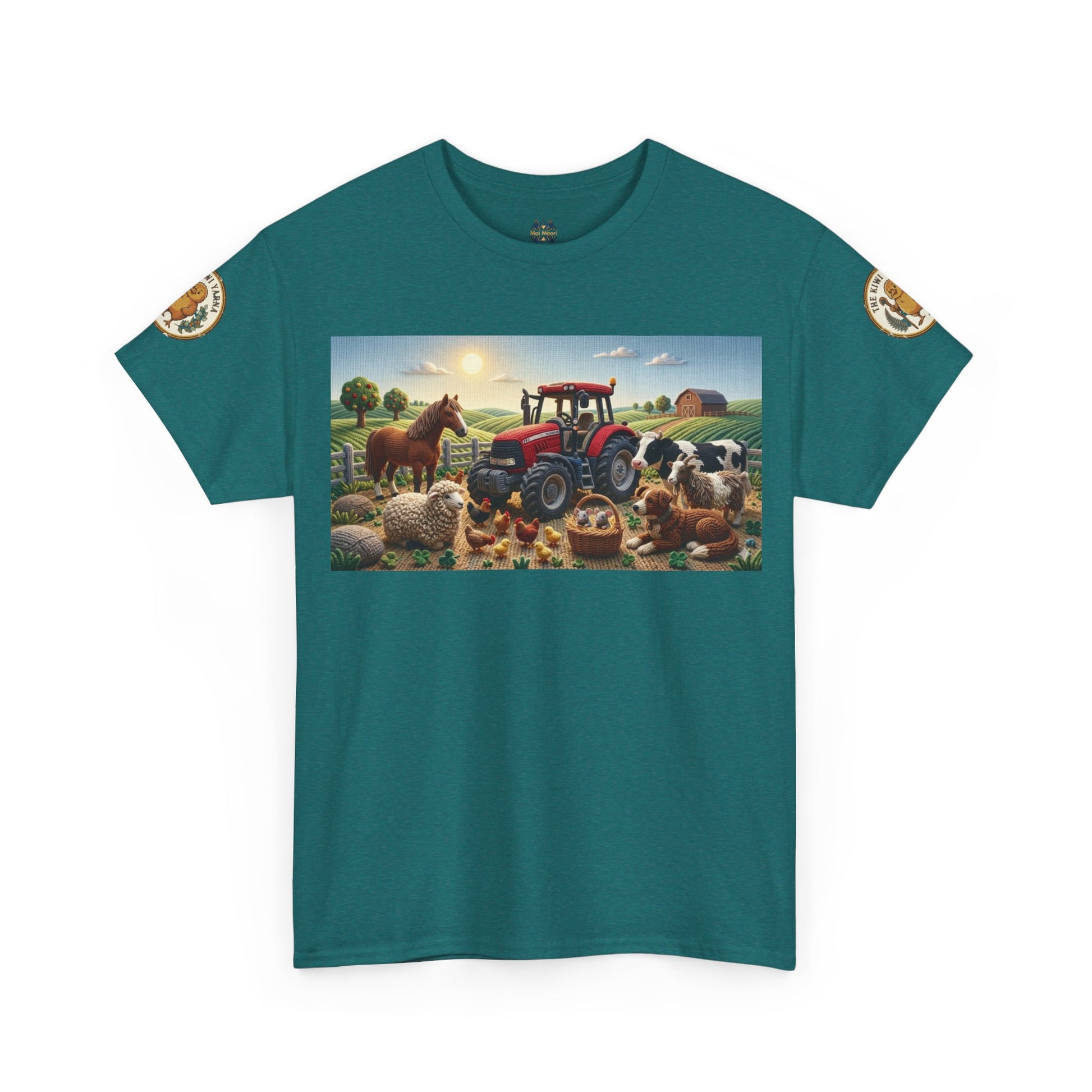 Teal crewneck T-shirt with rectangular farm-themed graphic print