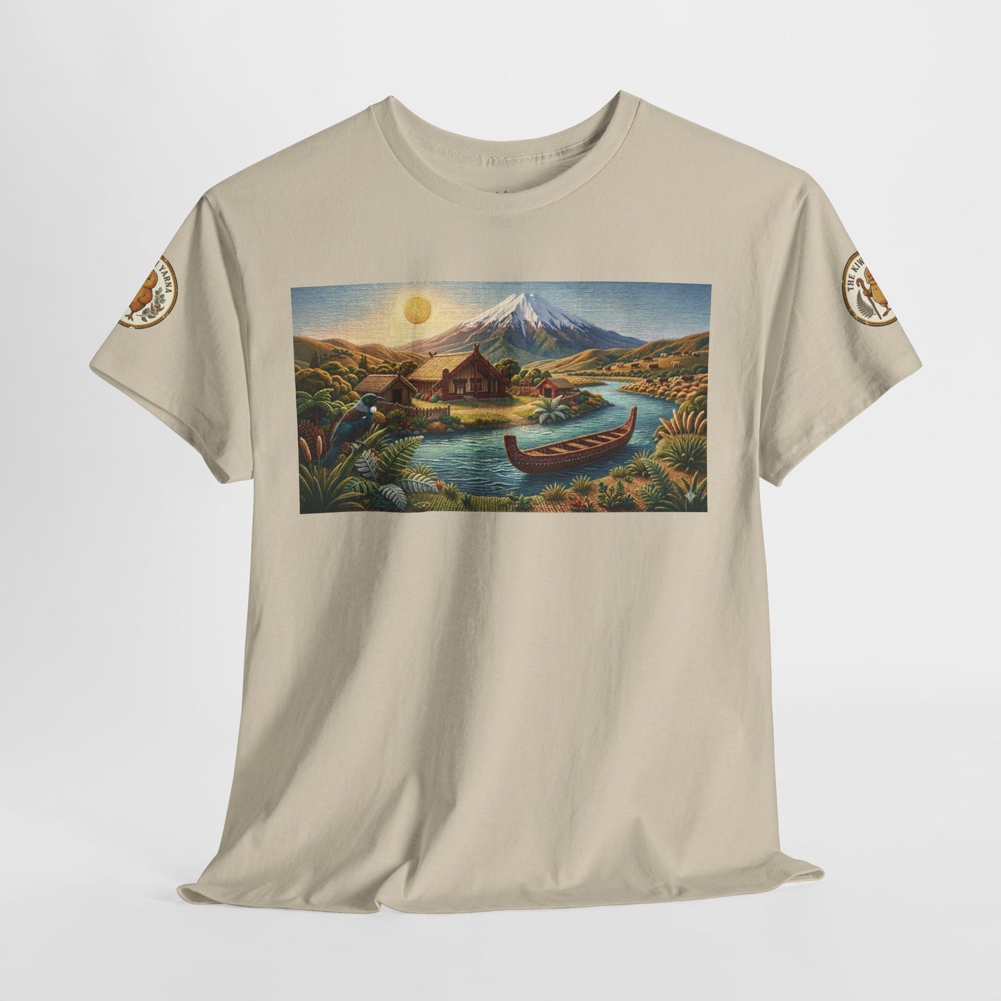 Cream graphic t-shirt with rectangular landscape print and circular sleeve patches