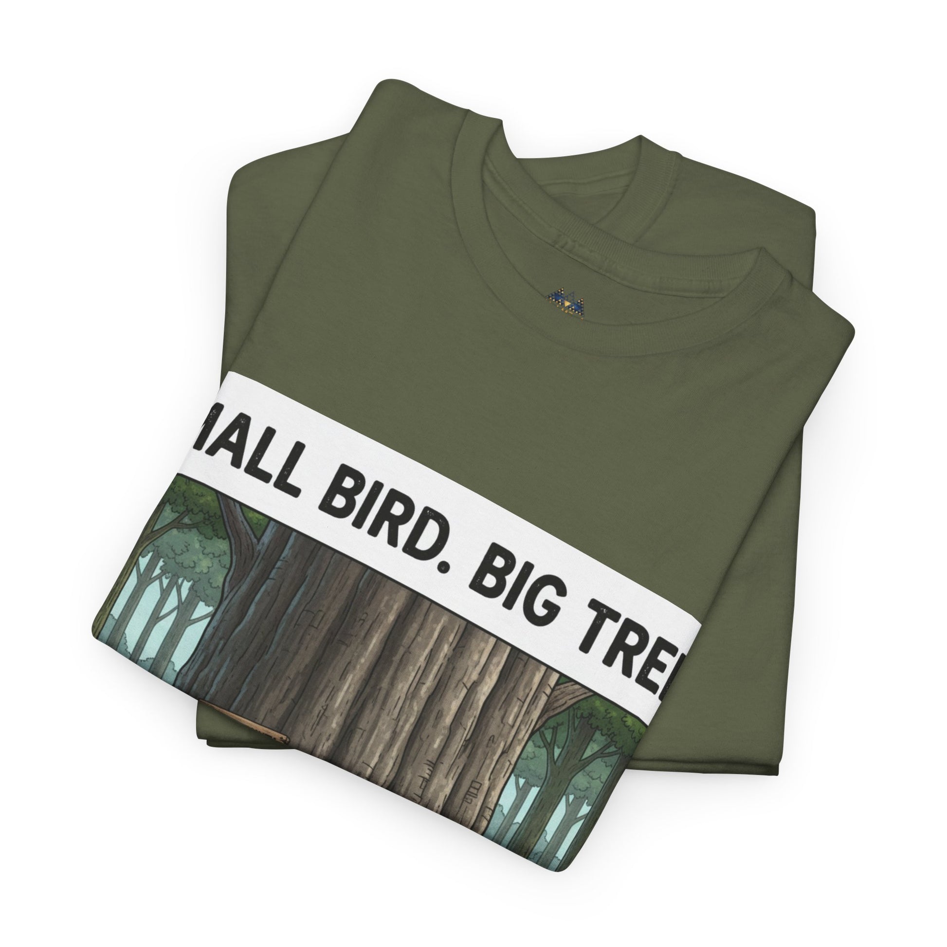 Unisex graphic T-shirt, dark green with diagonal forest print and slogan strip