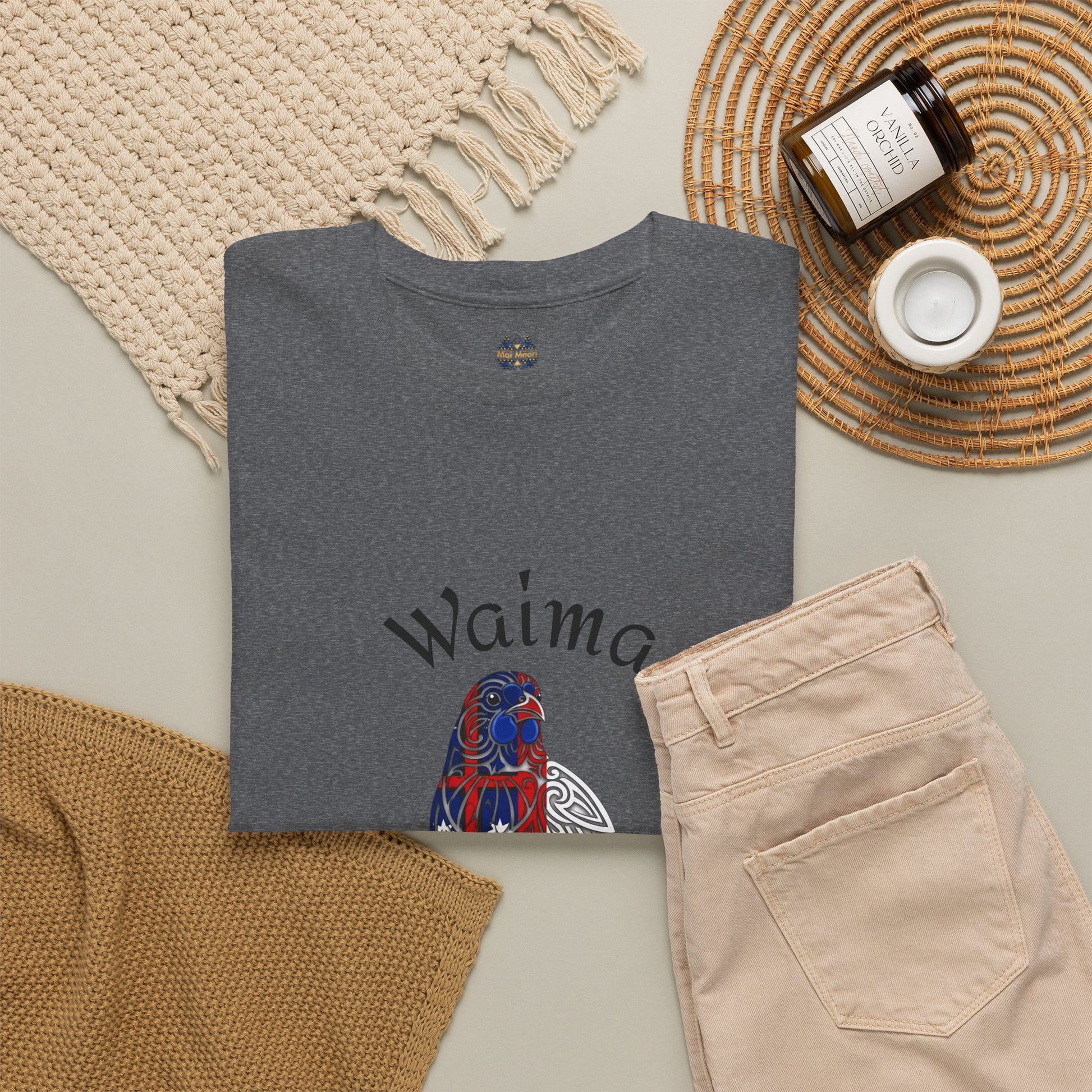 Heather gray T-shirt flat lay with watercolor house graphic and short sleeves