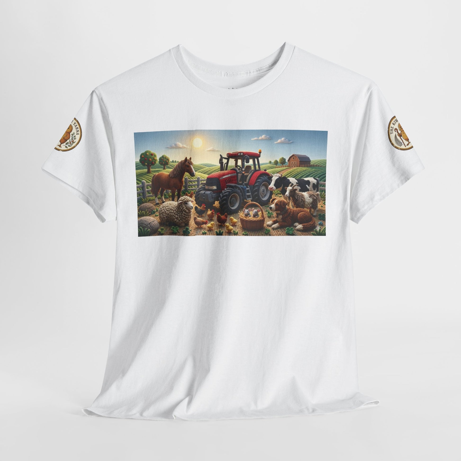White crewneck T-shirt with large farm tractor-and-animals front print and sleeve emblems