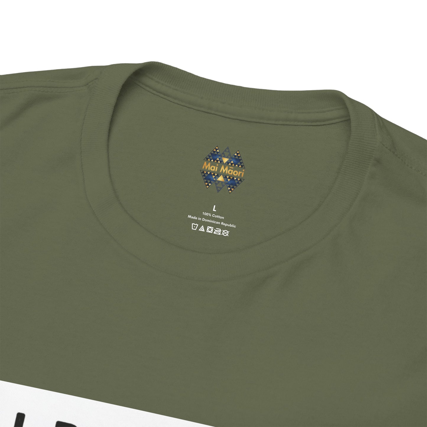 Unisex graphic T-shirt neckline close-up, dark green with small chest logo