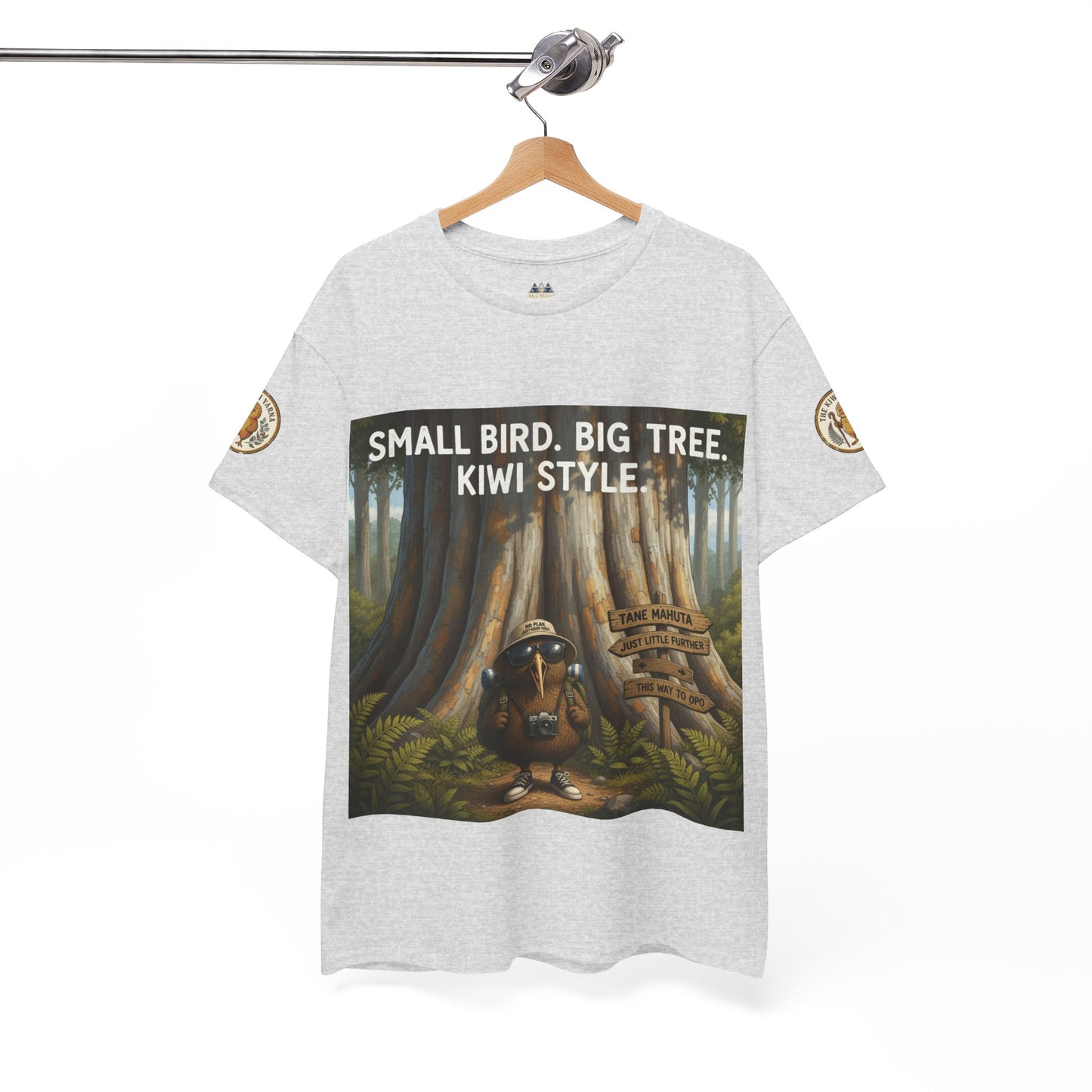 Light gray graphic T-shirt on hanger with bird-and-tree scene print, short sleeves