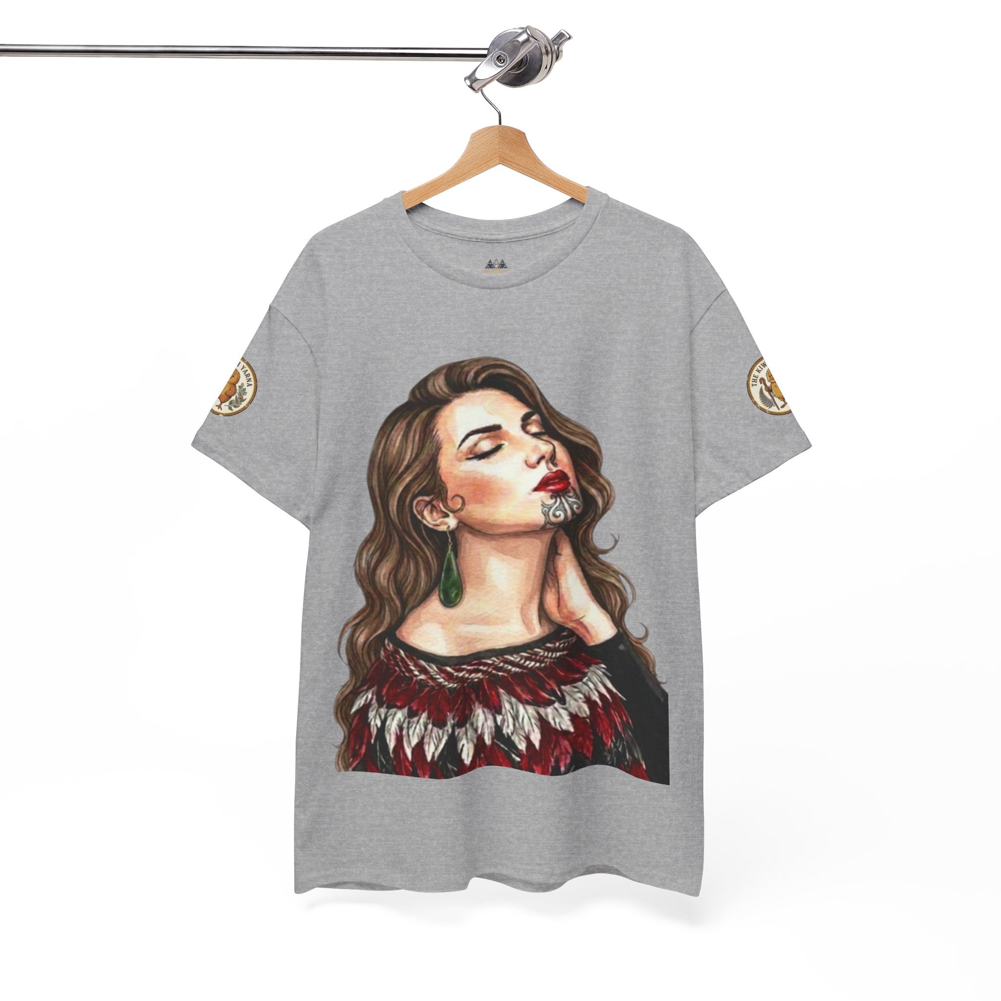 Heather gray graphic T-shirt with portrait of a woman and red patterned neckline