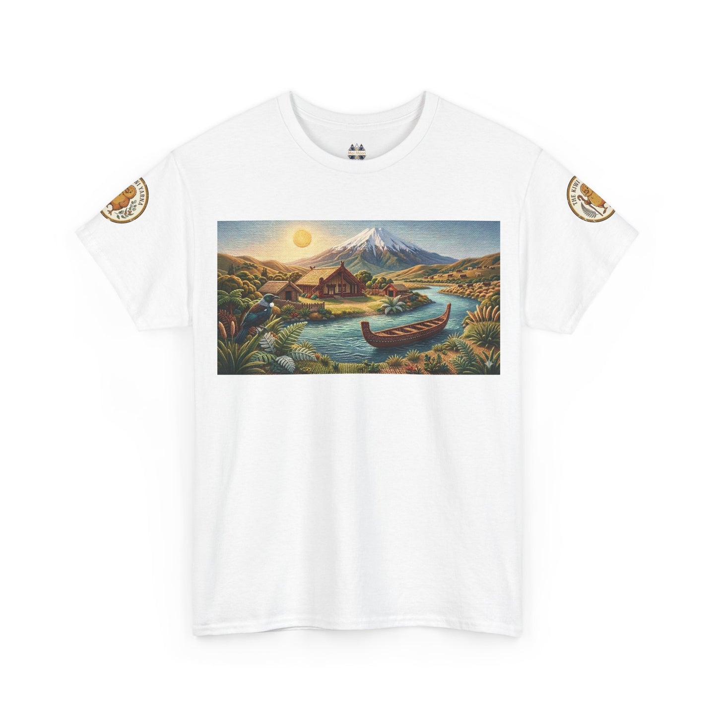 White graphic T-shirt with landscape print and canoe; circular sleeve patches.