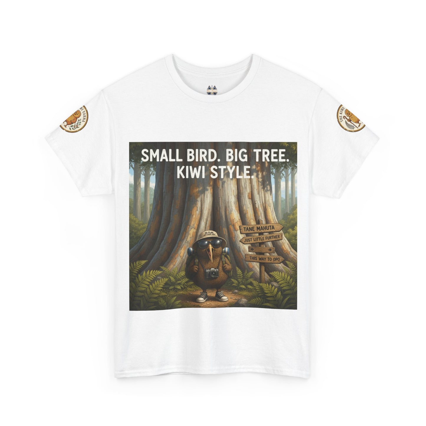 White crewneck T-shirt with front graphic of kiwi in forest and logo sleeve patches