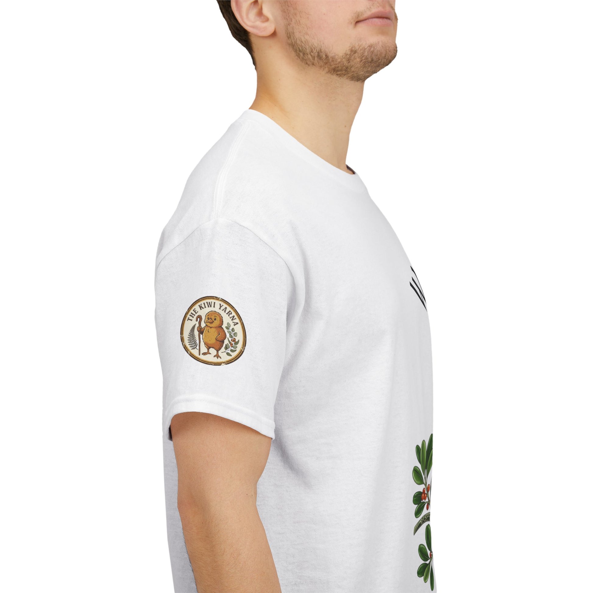 White crewneck T-shirt with bird-and-floral graphic and circular sleeve emblem.