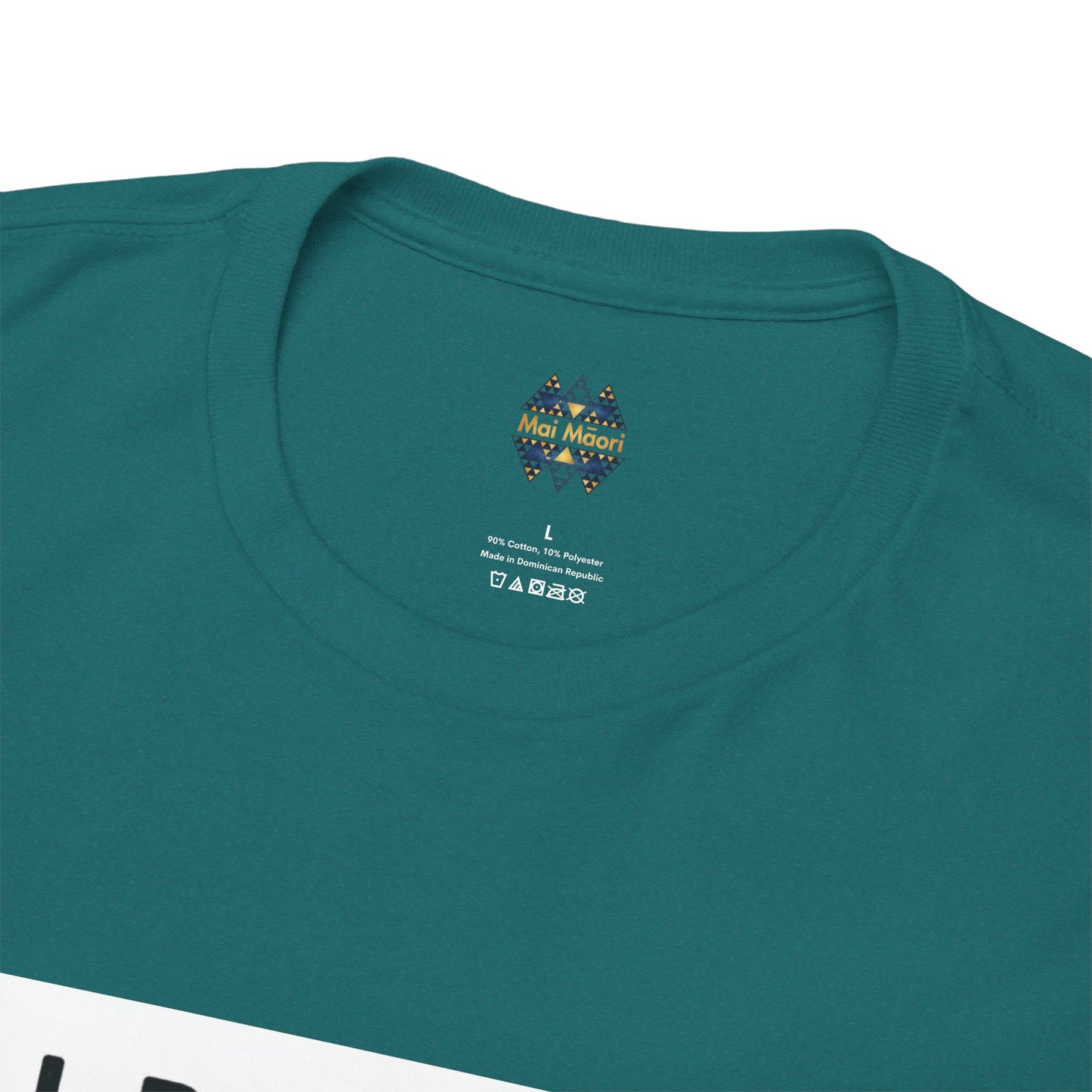 Teal crew-neck T-shirt close-up of small chest logo and neckline label text