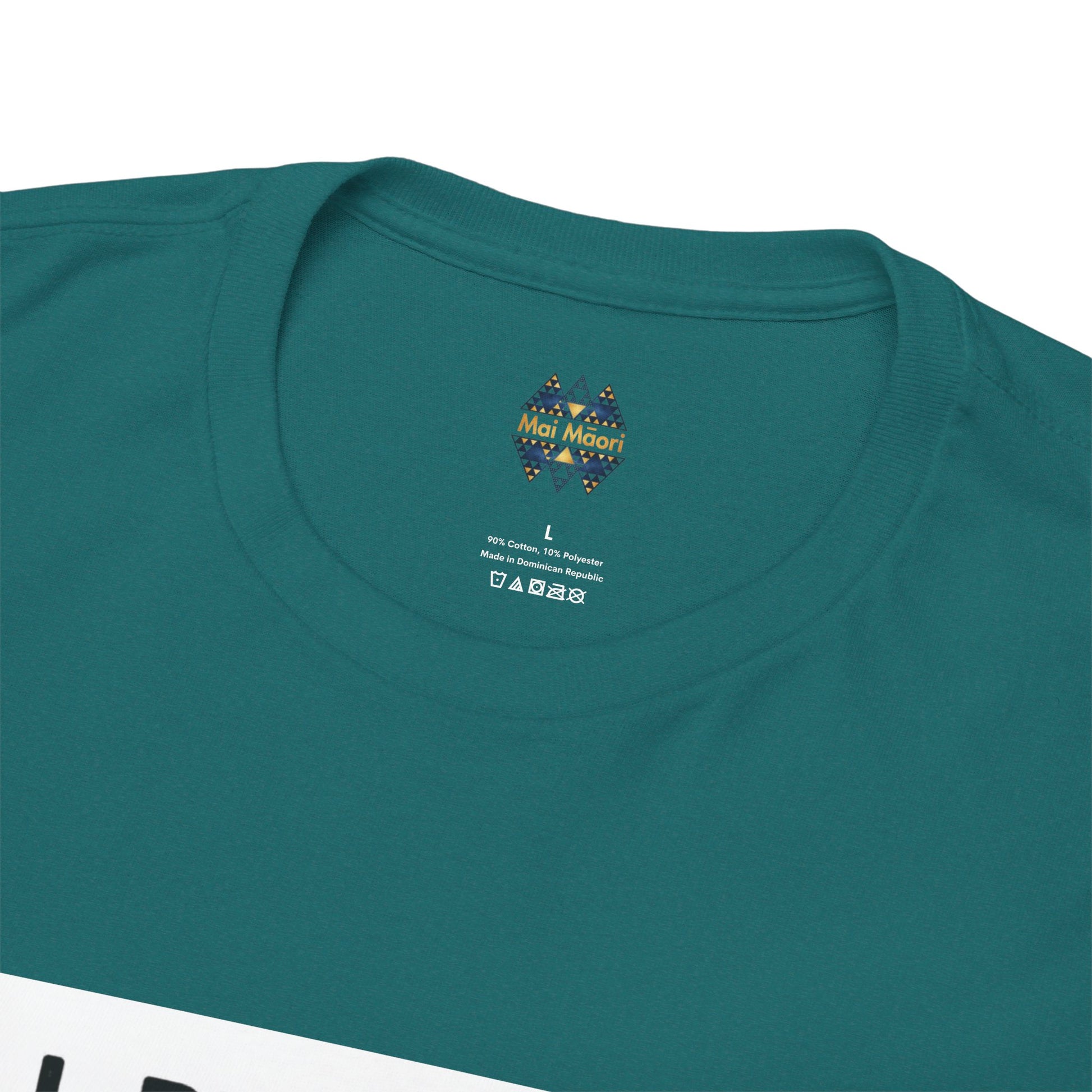Teal crew-neck T-shirt close-up of small chest logo and neckline label text