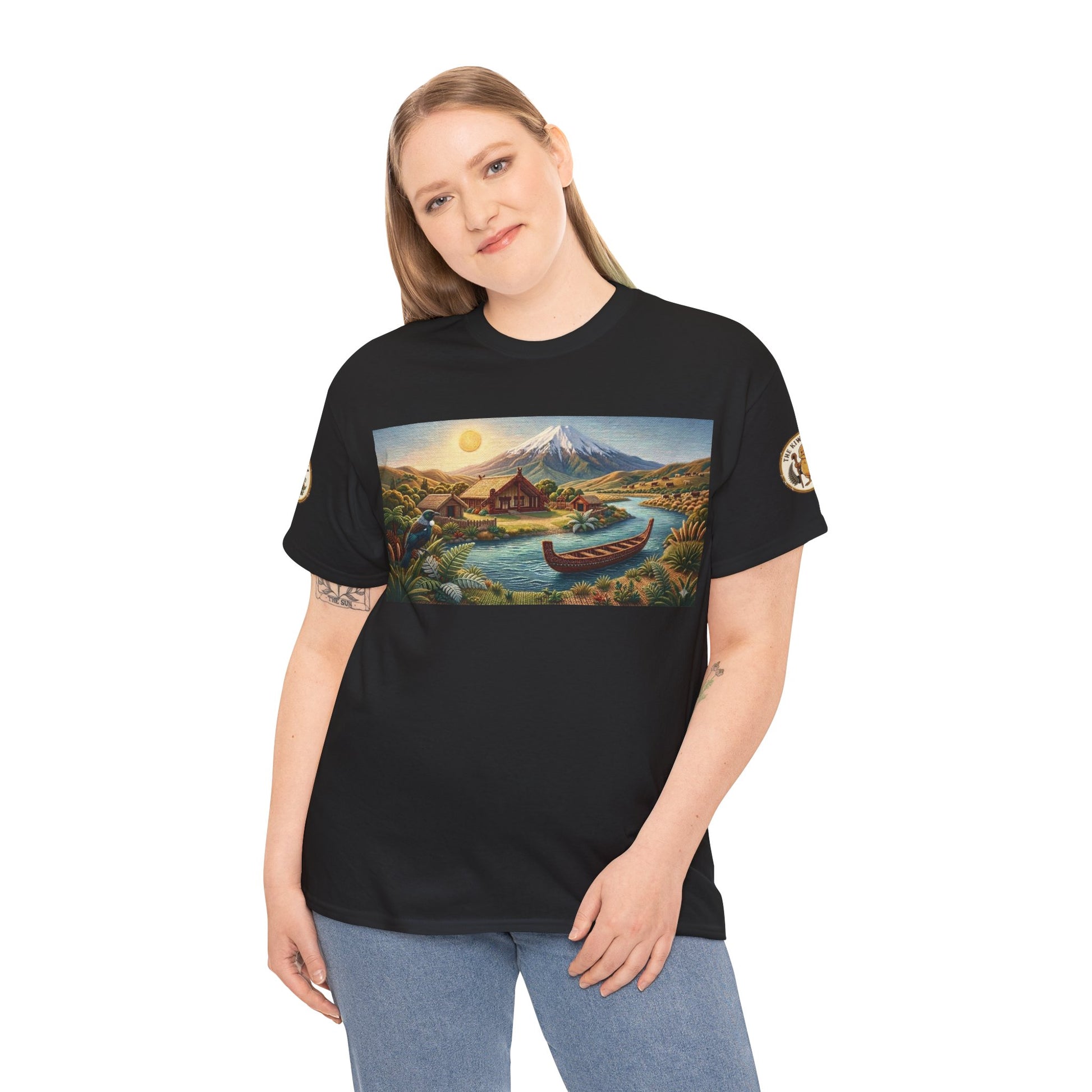 Black T-shirt on model with front landscape graphic and crew neck short sleeves