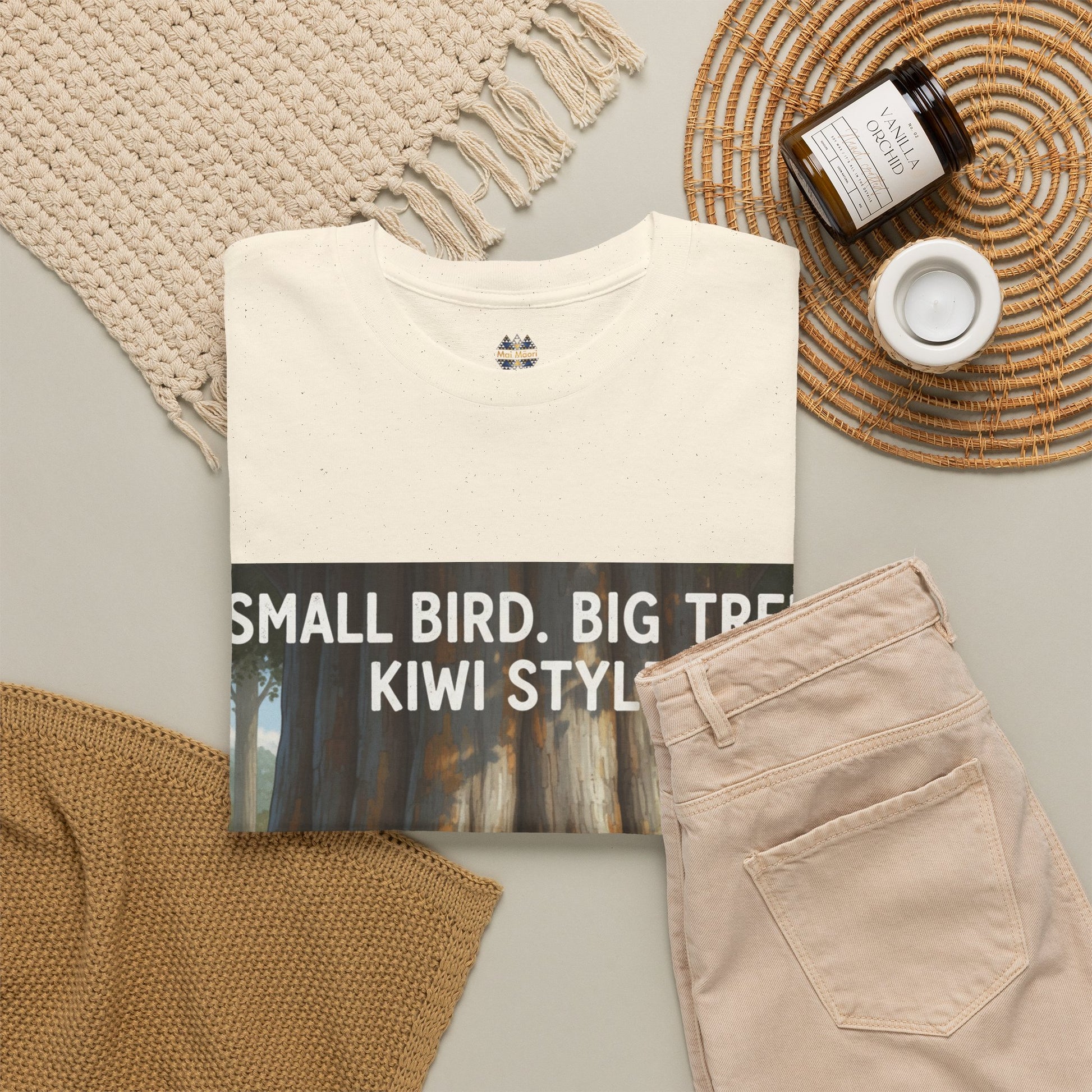Cream crewneck T-shirt with front forest graphic and small chest logo